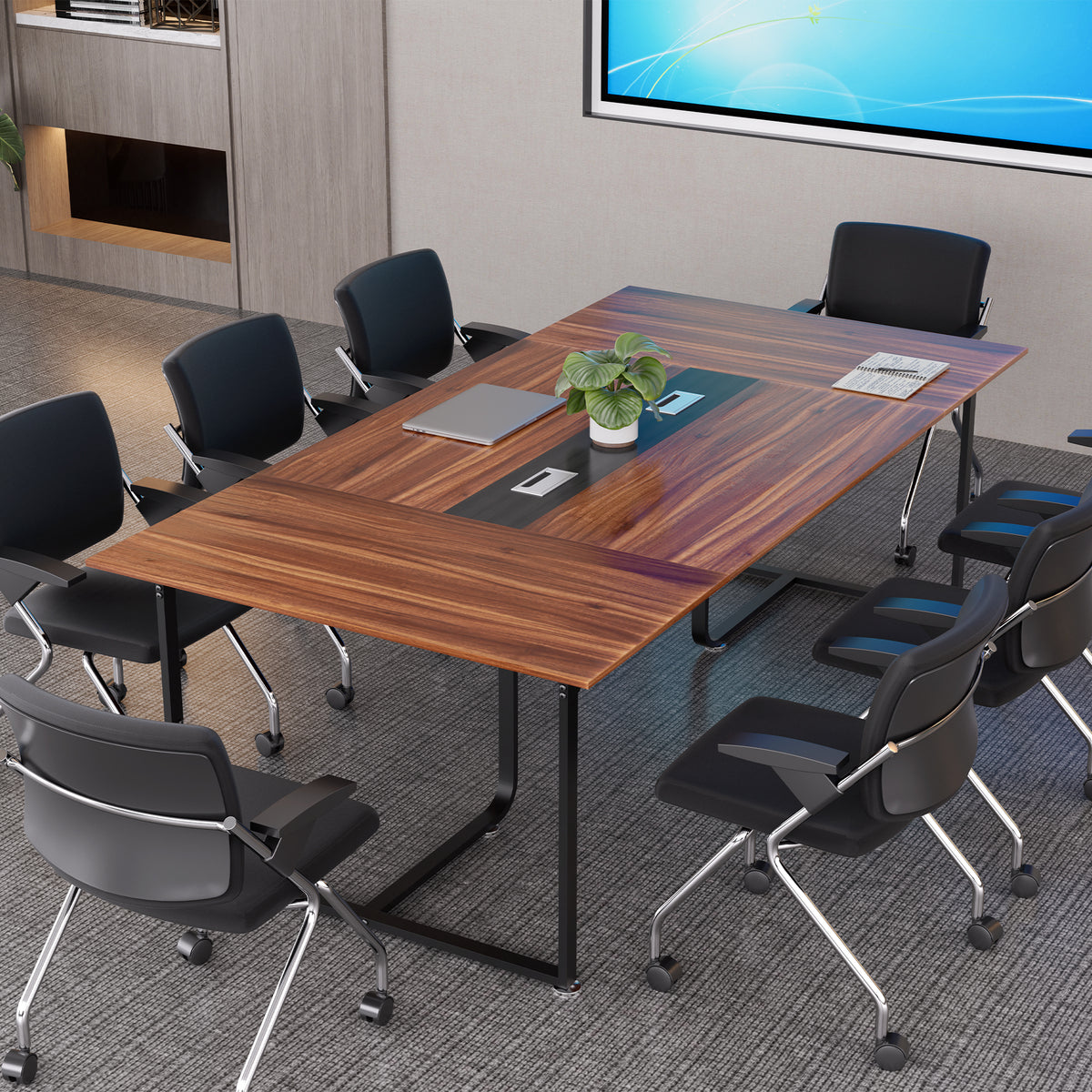 Haooyeah Conference Table 94.4" x 47.2", Large Meeting Desk, Flip-Top Cable Management Box, Double Reinforced Frame, Triangular Support Base, Adjustable Foot Pads