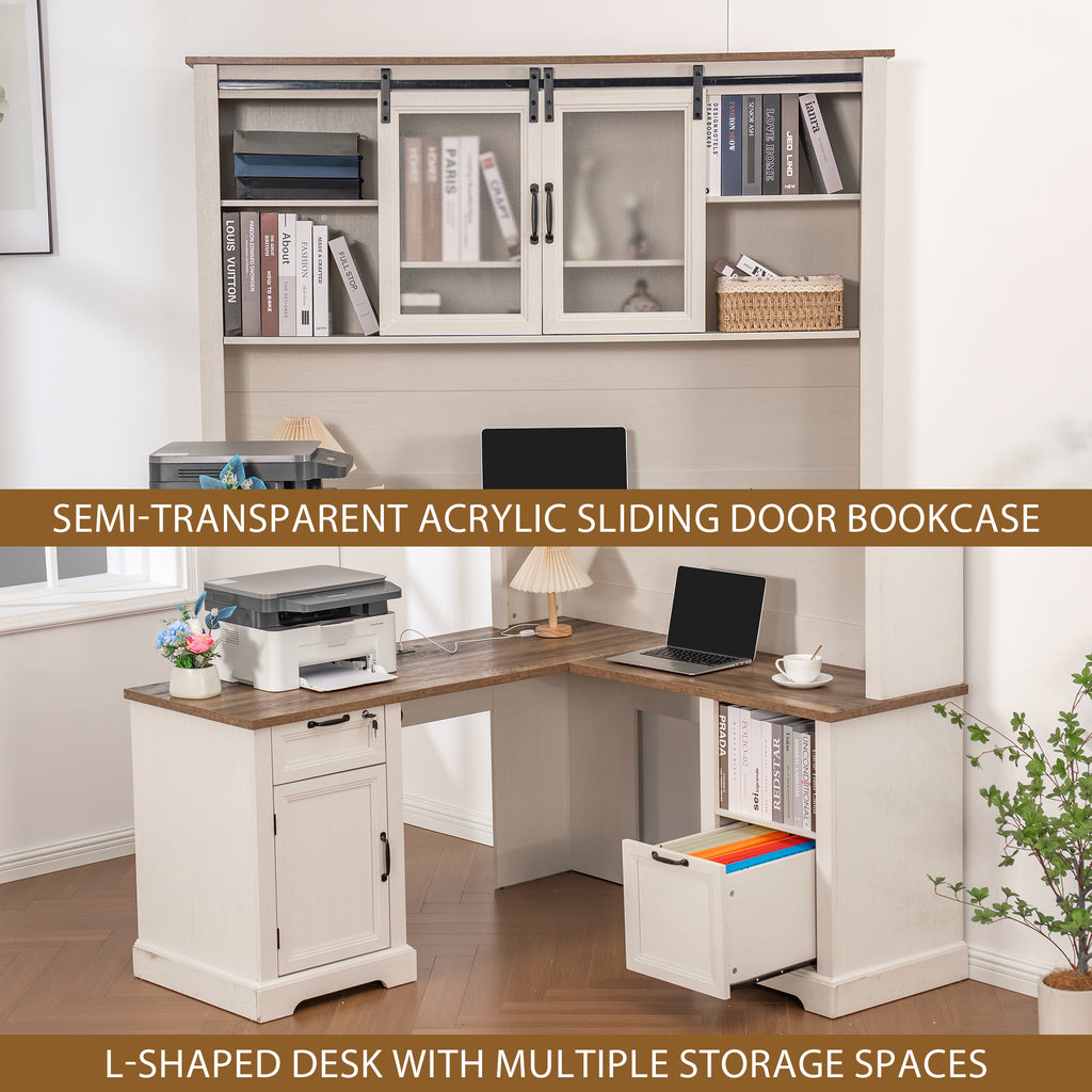 Haooyeah L Shaped Desk with Hutch, Corner Computer Desk with Storage, Power Outlet, Drawer,White