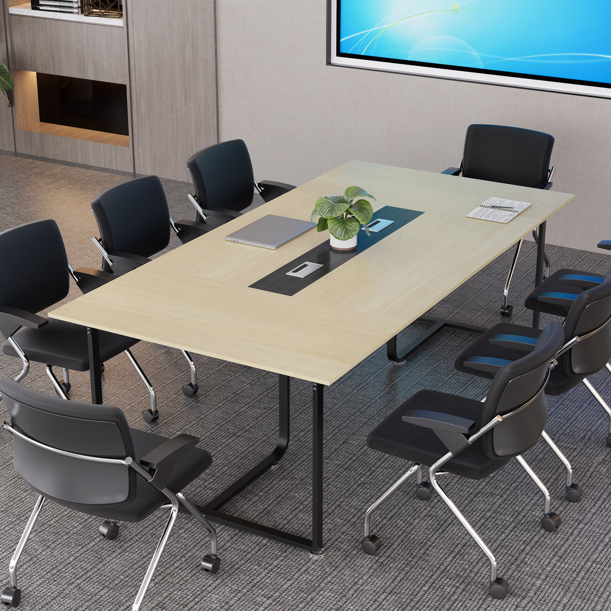 Haooyeah Conference Table 94.4" x 47.2", Large Meeting Desk, Flip-Top Cable Management Box, Double Reinforced Frame, Triangular Support Base, Adjustable Foot Pads