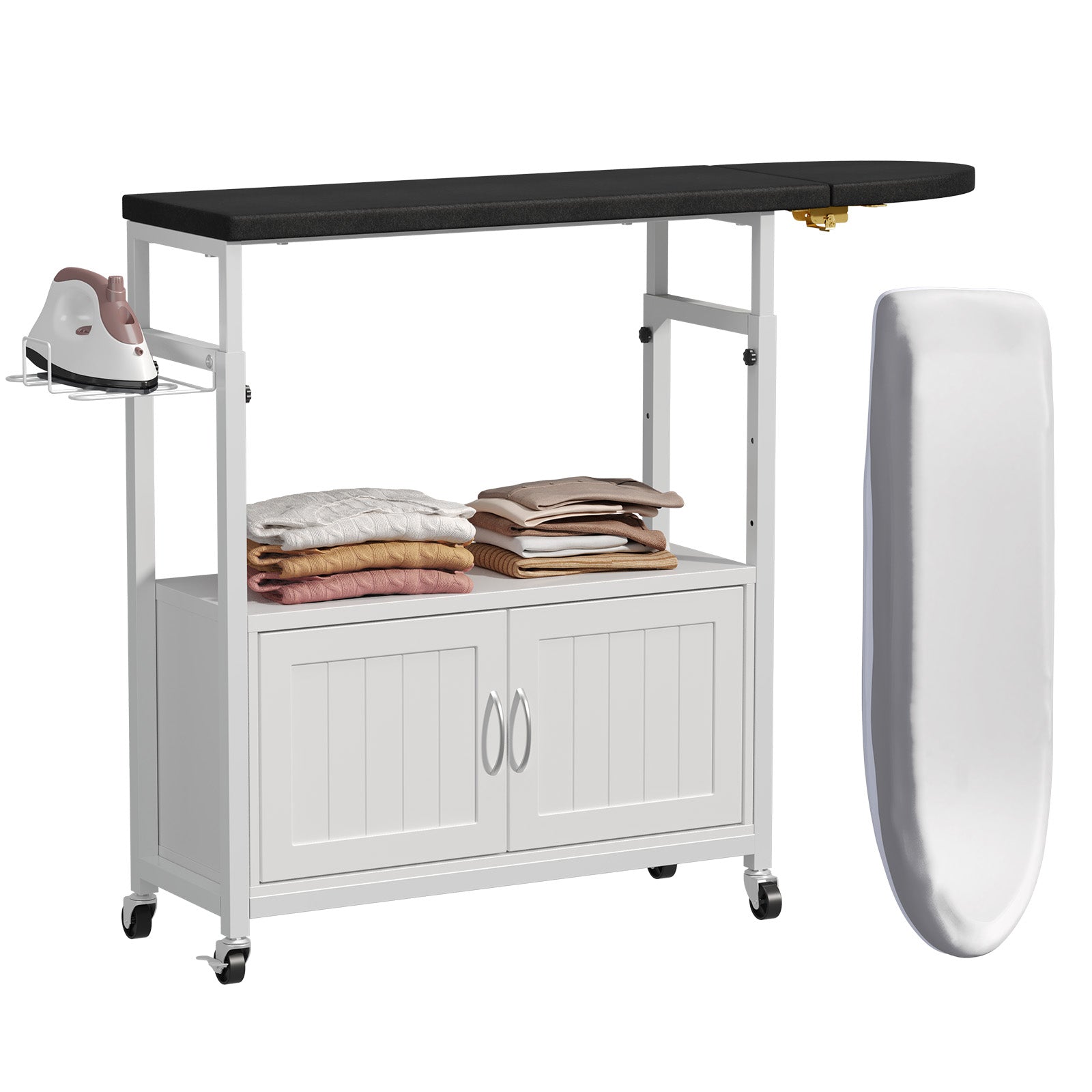 Haooyeah Ironing Board Cabinet with Storage, Foldable Ironing Table, Iron Holder, Rolling Casters, Height Adjustable, White