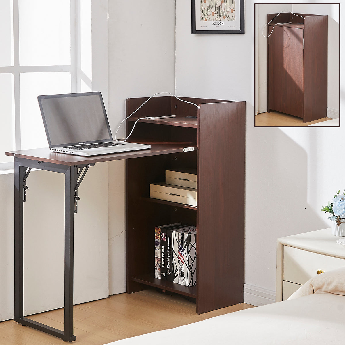 Haooyeah 37" Foldable Storage Desk with Charging Station, Space-Saving Desk with Raised Surface, Multi-functional Desk for Home Office, Bedroom, and Small Spaces