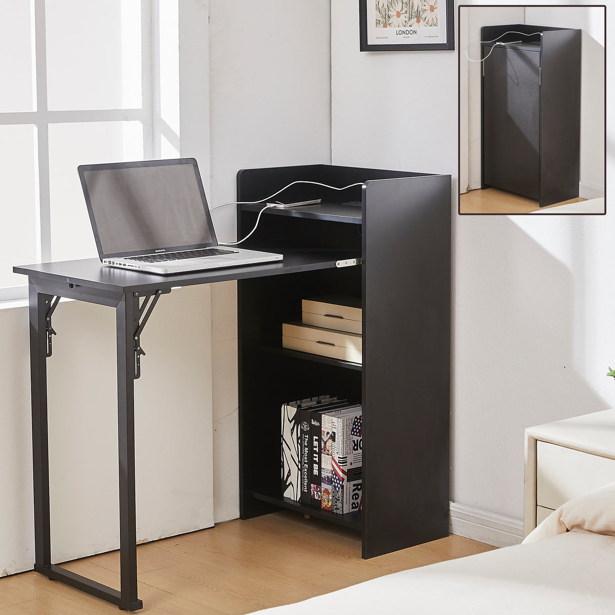 Haooyeah 37" Foldable Storage Desk with Charging Station, Space-Saving Desk with Raised Surface, Multi-functional Desk for Home Office, Bedroom, and Small Spaces