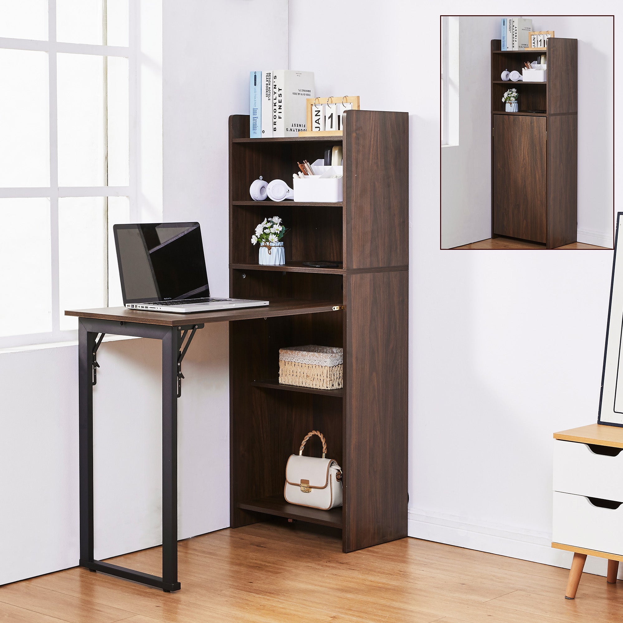 Haooyeah Foldable Desk with Bookshelf, 2-in-1 Space-Saving Computer Desk, Storage Shelves, Built-in Power Outlet, Easy-Fold Desk