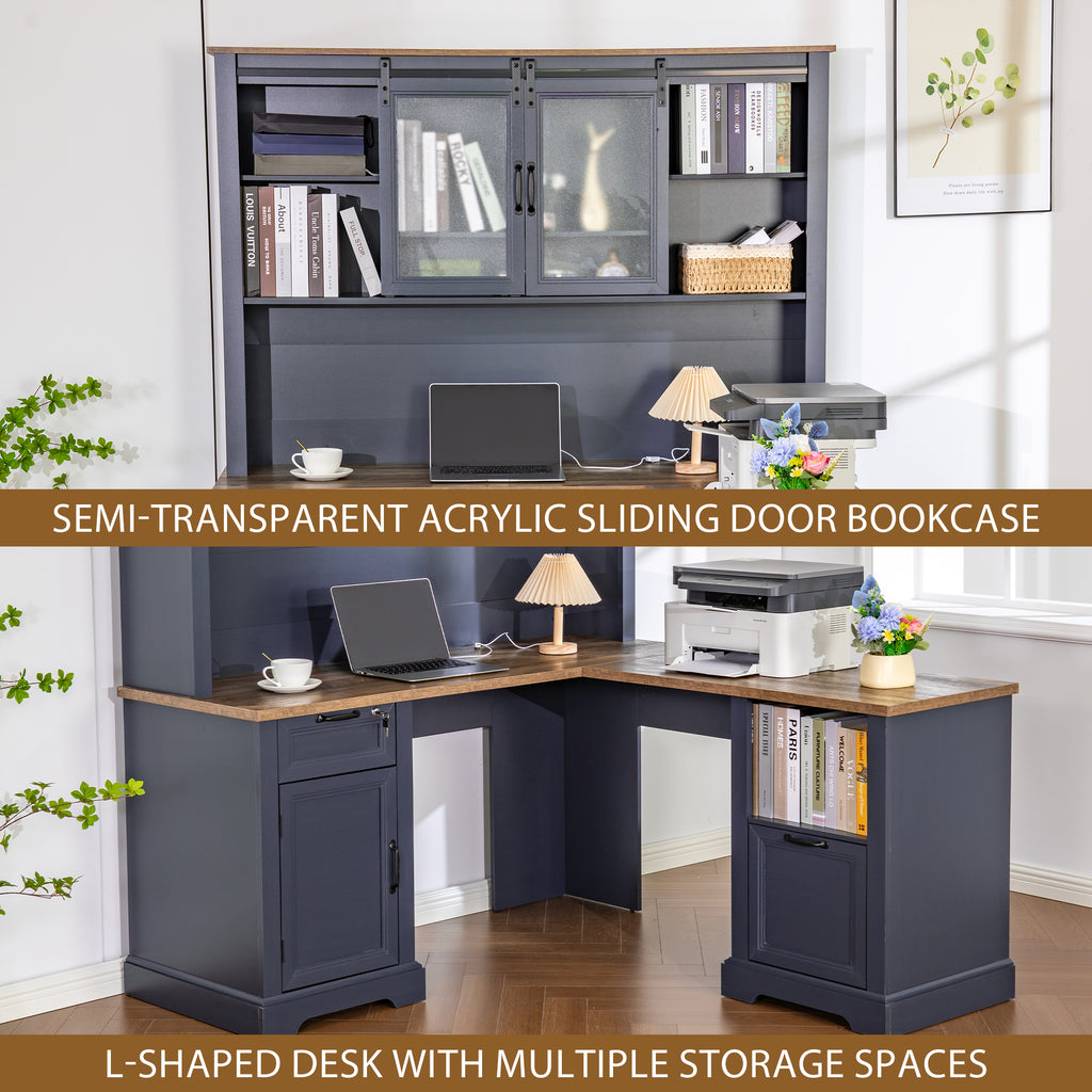 Haooyeah L Shaped Desk with Hutch, Corner Computer Desk with Storage, Power Outlet, Drawer,Blue