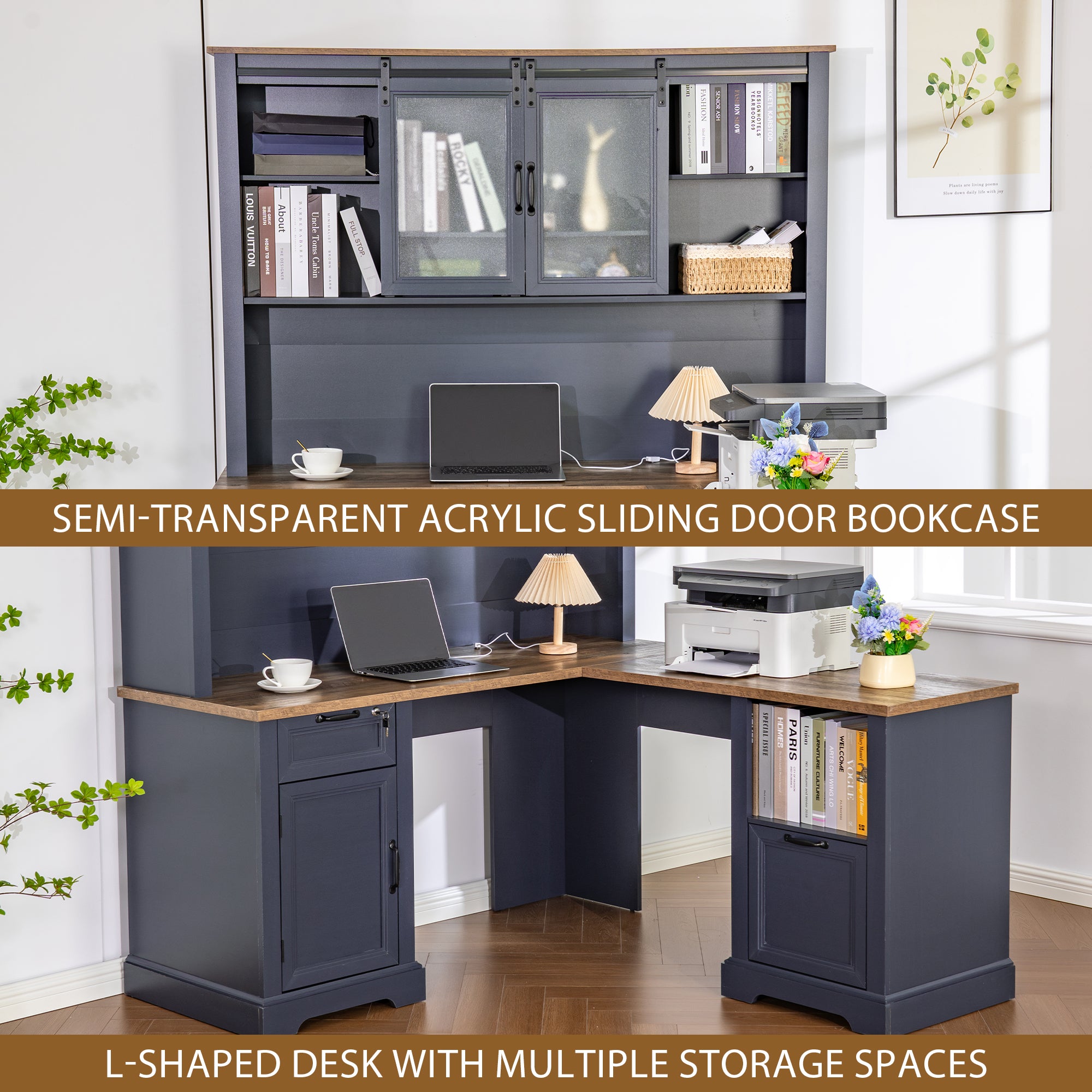 Haooyeah L Shaped Desk with Hutch, Corner Computer Desk with Storage, Power Outlet, Drawer,Blue