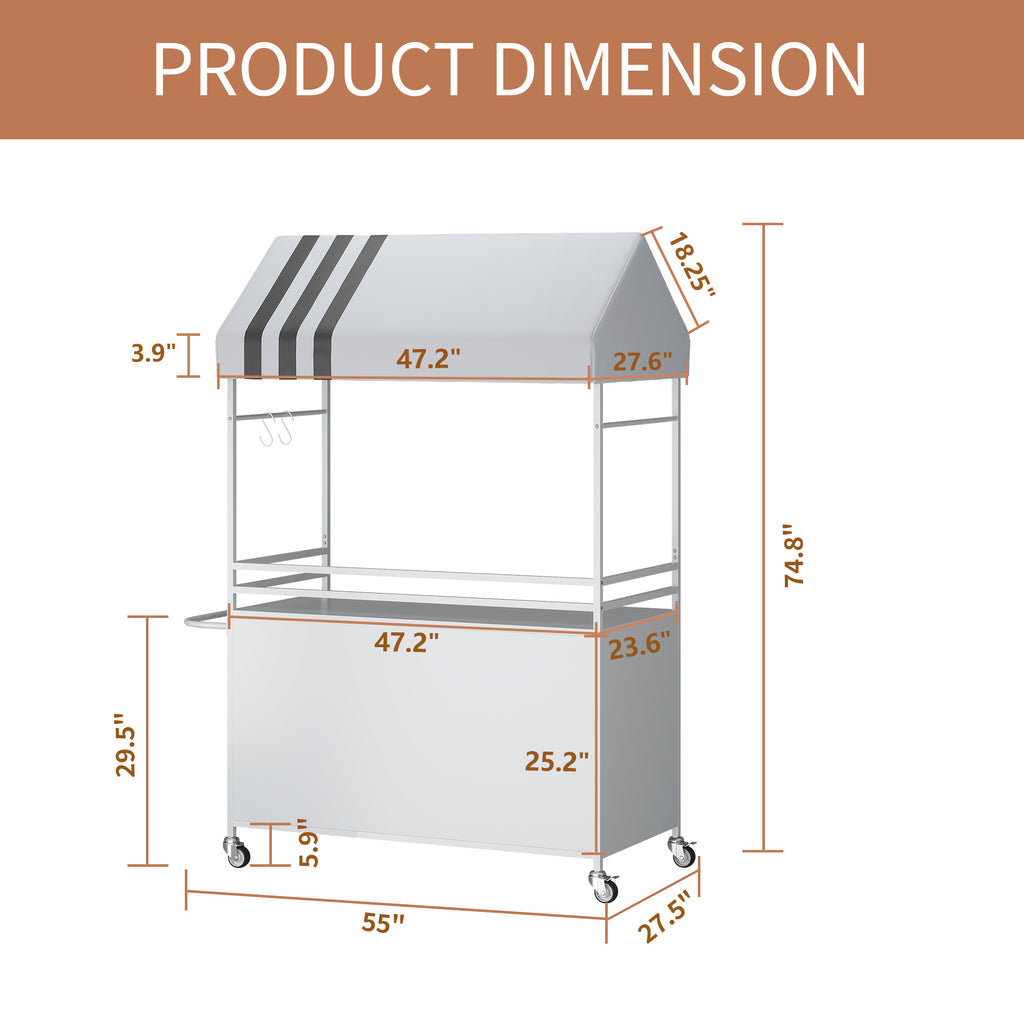 Choosilay Portable Vendor Cart with Canopy, Mobile Food Display Stand with Lockable Wheels, Mobile Food Carts for Sale, Portable Food Display Stand for Market, Street Food & Events (White/Balck)