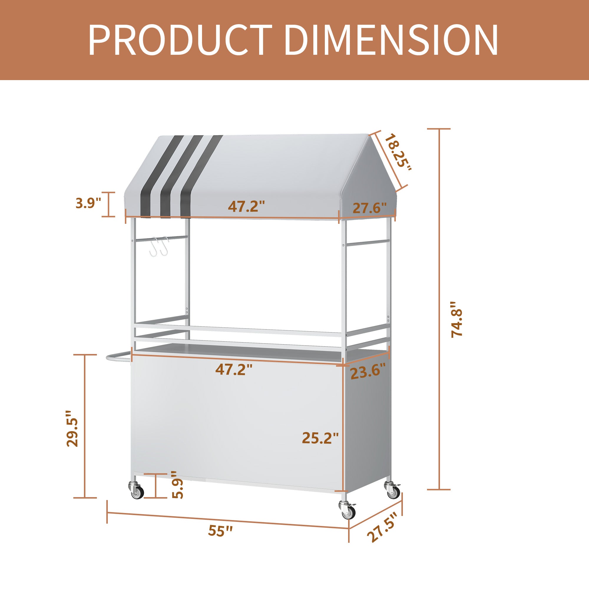 Choosilay Portable Vendor Cart with Canopy, Mobile Food Display Stand with Lockable Wheels, Mobile Food Carts for Sale, Portable Food Display Stand for Market, Street Food & Events (White/Balck)