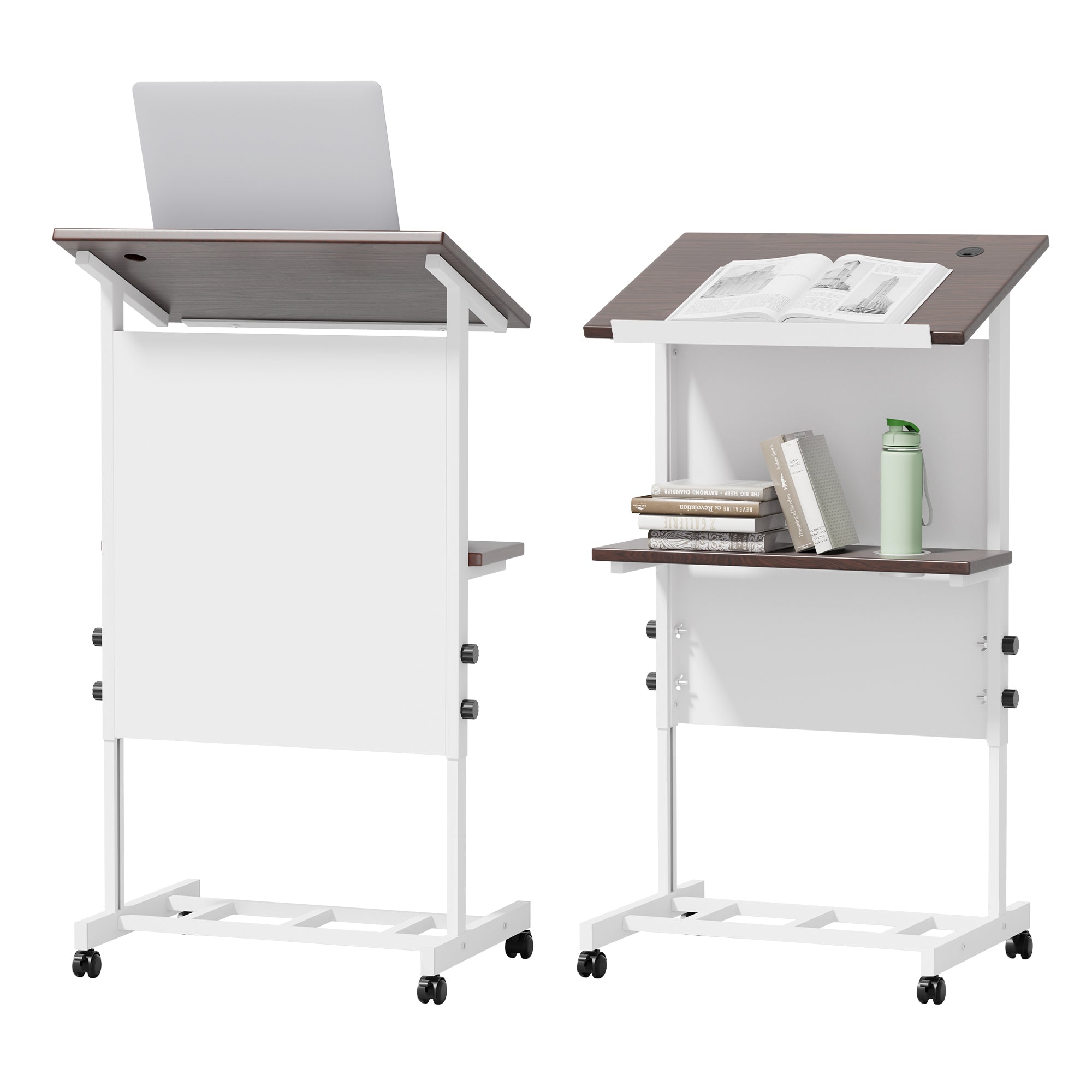Haooyeah Rolling Podium Stand, Height Adjustable Mobile Desk with Storage Shelf, Cup Holder & Microphone Hole, Lightweight for Office & Classroom