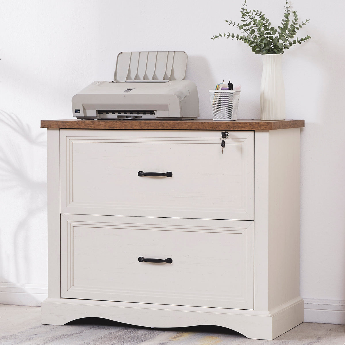 Haooyeah 31.5" Farmhouse Filing Cabinet with Locking Drawer, 2 Drawer File Organizer with Adjustable Rails for A4/Letter/Legal, Large Office Storage, Antique White