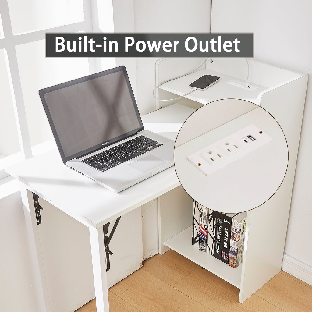 boknight Foldable Desk,Hidden Desk with Storage and Built-in Socket,Mid Century Fold Out Table for Small Spaces,Home Office and Bedroom