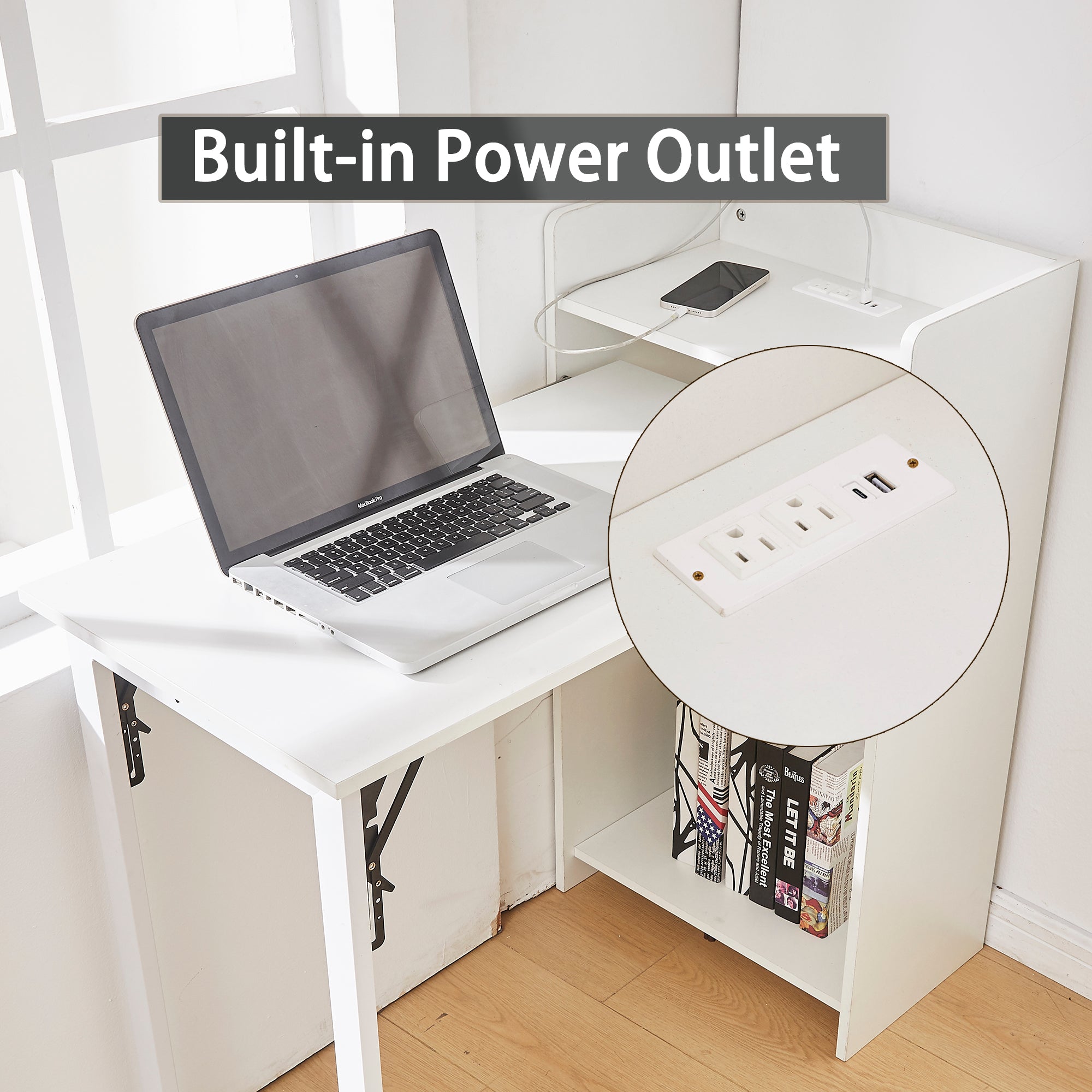 boknight Foldable Desk,Hidden Desk with Storage and Built-in Socket,Mid Century Fold Out Table for Small Spaces,Home Office and Bedroom