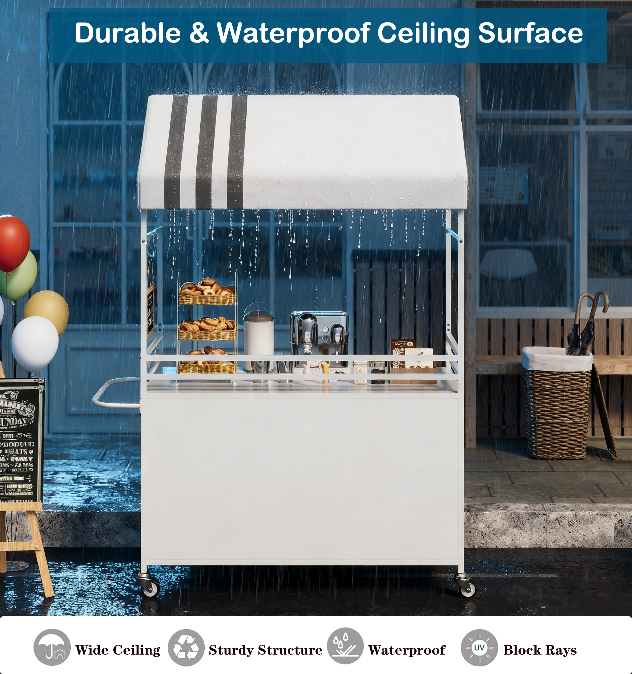Portable Vendor Cart with Canopy, Outdoor Mobile Food Cart with Wheels, 75" Tall Street Display Stand,Farmers Markets Events, Vendor's Dessert Vending Stall