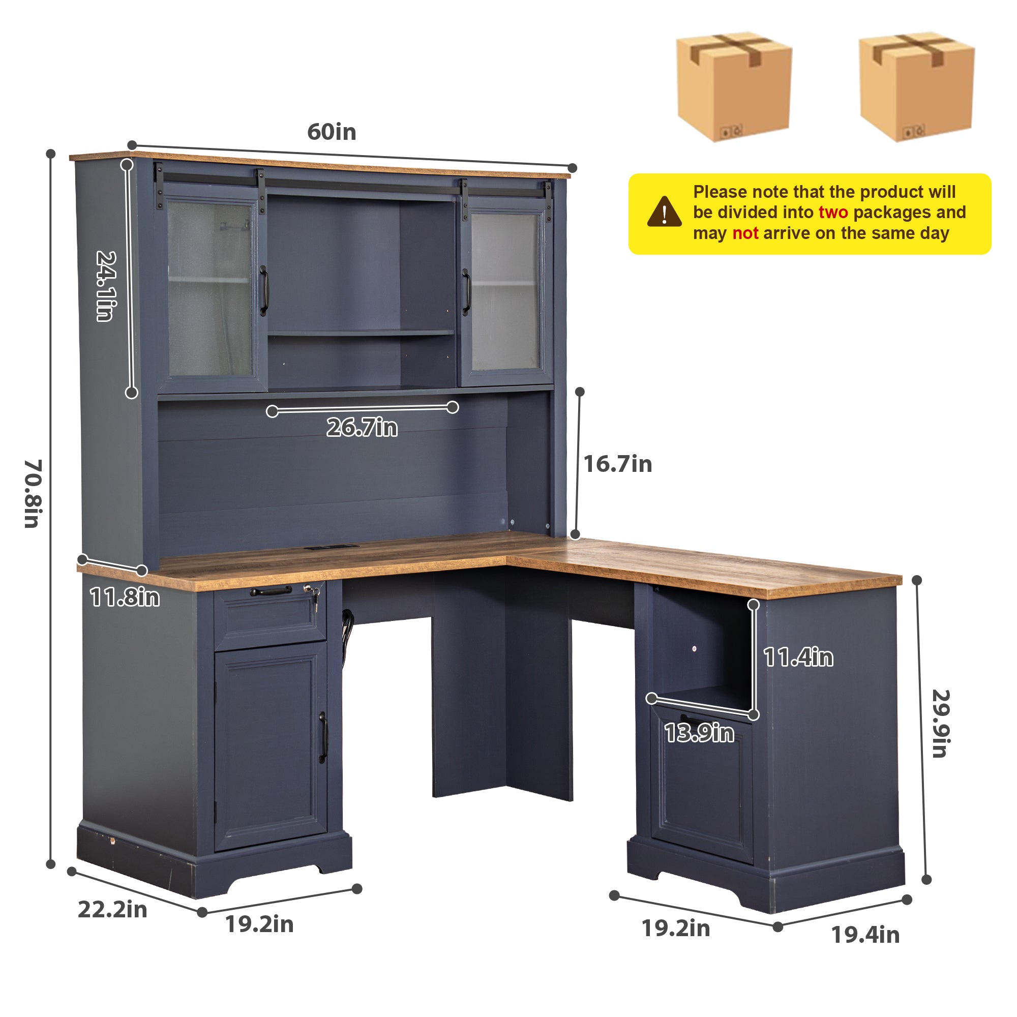 Haooyeah L Shaped Desk with Hutch, Corner Computer Desk with Storage, Power Outlet, Drawer,Blue