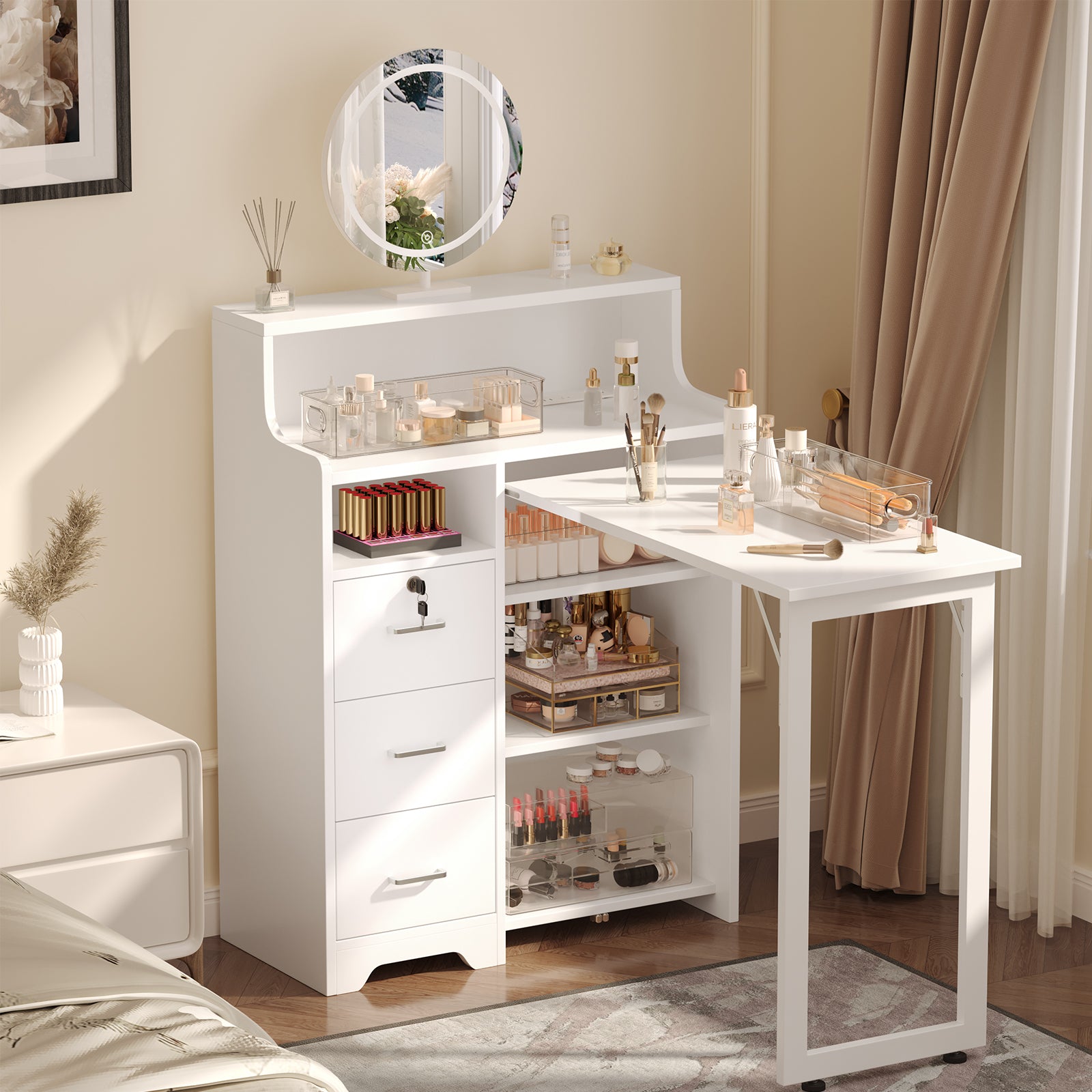 Haooyeah L-Shaped Manicure Table with 5 Shelves, 3 Drawers, Foldable Nail Desk with Charging Station, Space-Saving Workstation