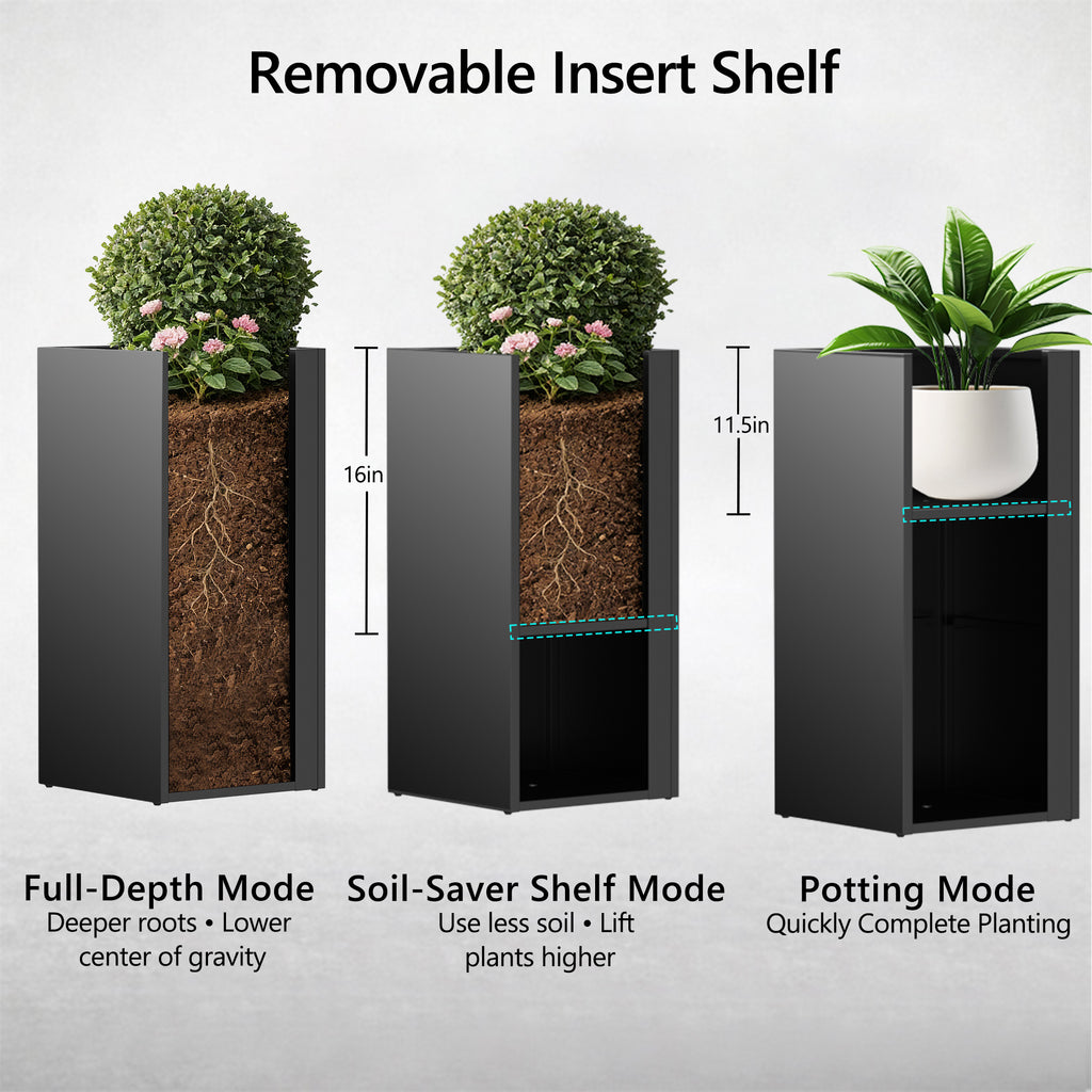Set of 2 Tall Metal Planter Box for Outdoor Plants,14" L x 14" W x 30" H Heavy Duty Tall Outdoor Planter with Removable Insert Shelf for Porch, Patio, Backyard| Modern Décor|Built-in Drainage