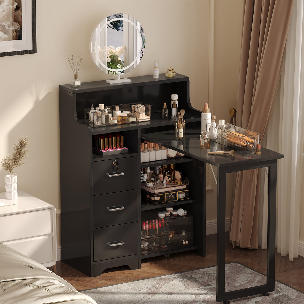 Haooyeah L-Shaped Manicure Table with 5 Shelves, 3 Drawers, Foldable Nail Desk with Charging Station, Space-Saving Workstation