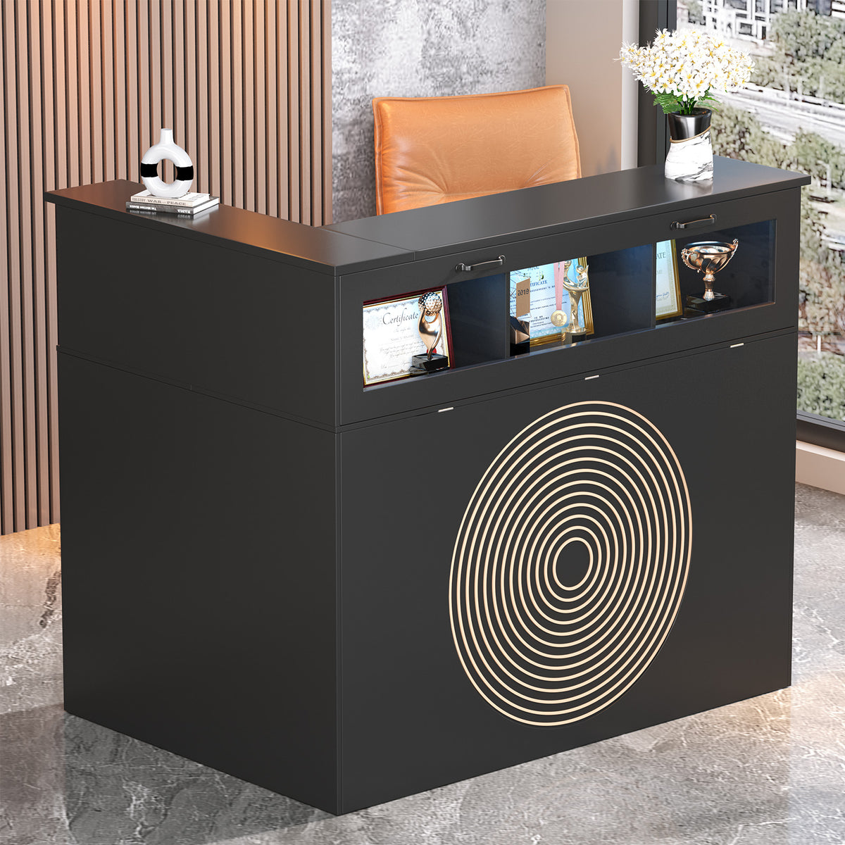 Haooyeah L‑Shaped Reception Desk with Integrated Display Cabinet, Power Outlet & Built‑in Storage