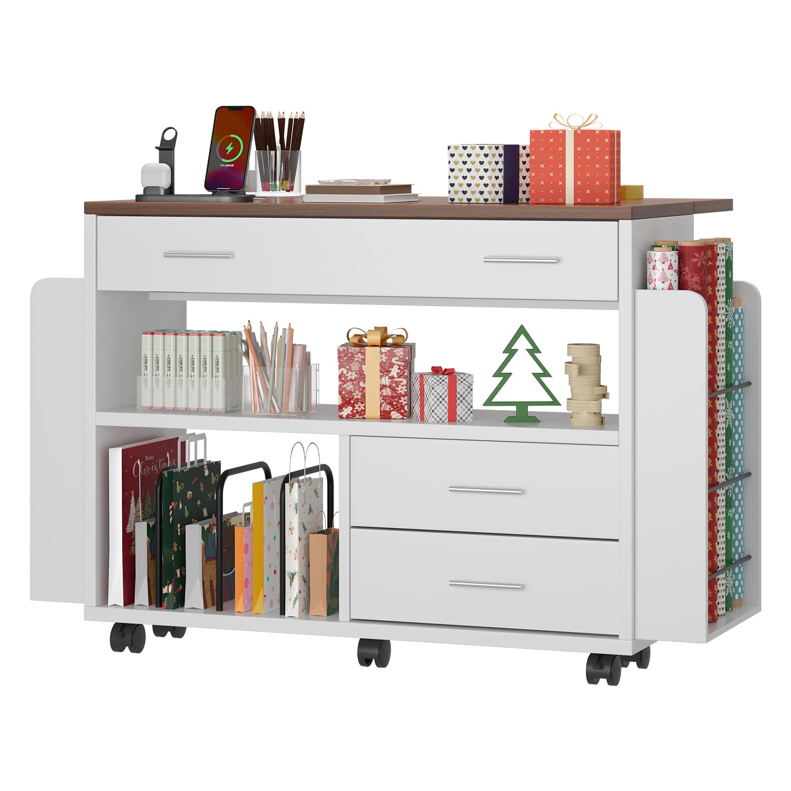 Haooyeah Gift Wrapping Station Cart, Expandable Foldable Craft Table with Power Outlets & USB, Rolling Utility Cart with Ribbon Holder & Paper Storage, White