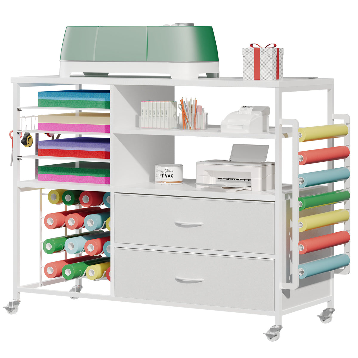 Haooyeah Rolling Craft Storage Cart with Vinyl Roll Holder, Power Outlets, Drawers & Wheels