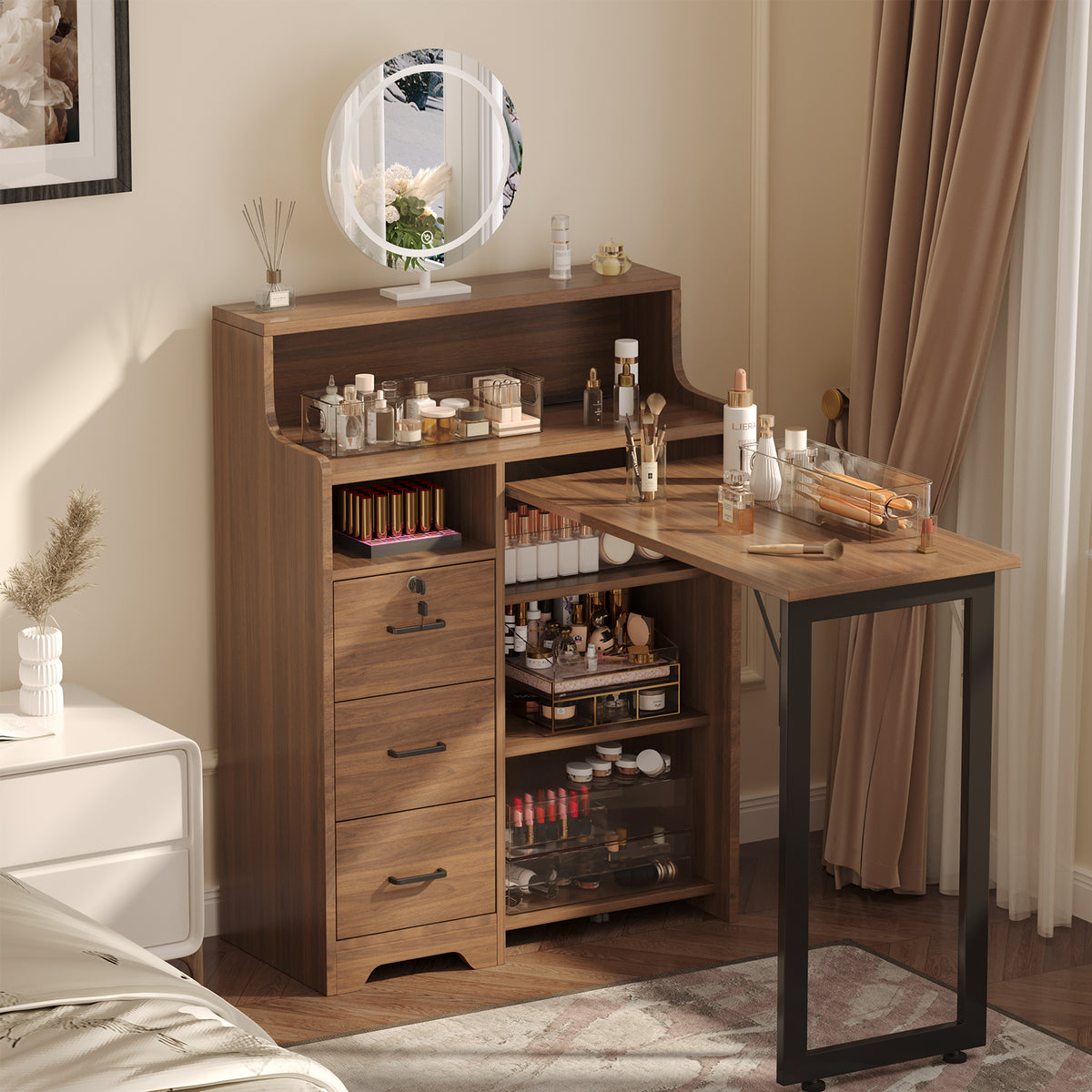 Haooyeah L-Shaped Manicure Table with 5 Shelves, 3 Drawers, Foldable Nail Desk with Charging Station, Space-Saving Workstation