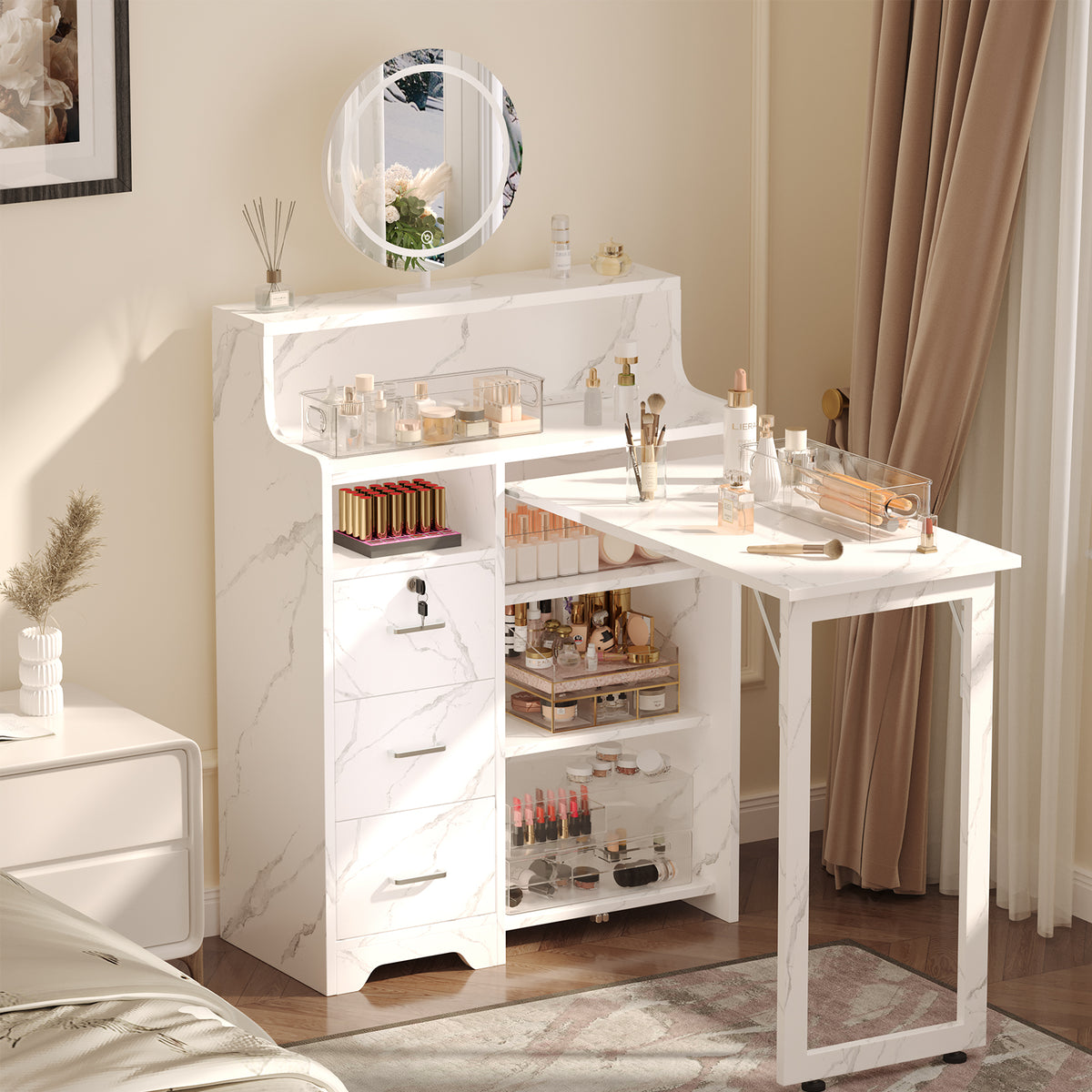 Haooyeah L-Shaped Manicure Table with 5 Shelves, 3 Drawers, Foldable Nail Desk with Charging Station, Space-Saving Workstation