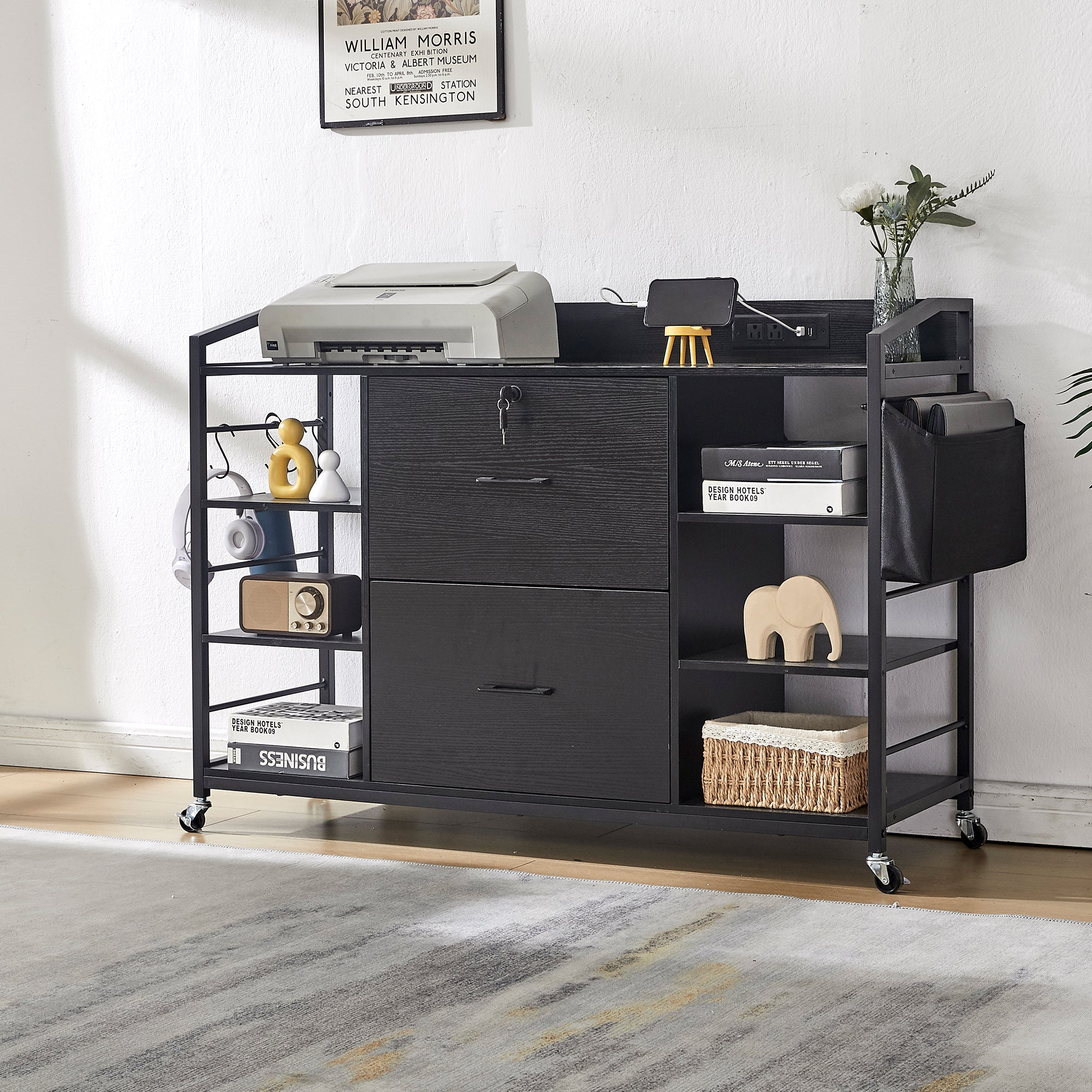 Haooyeah Modern Mobile File Cabinet with Charging Station, 2 Lockable Drawers, 3 Shelf Storage, Rolling, Fits A4/Letter/Legal Files