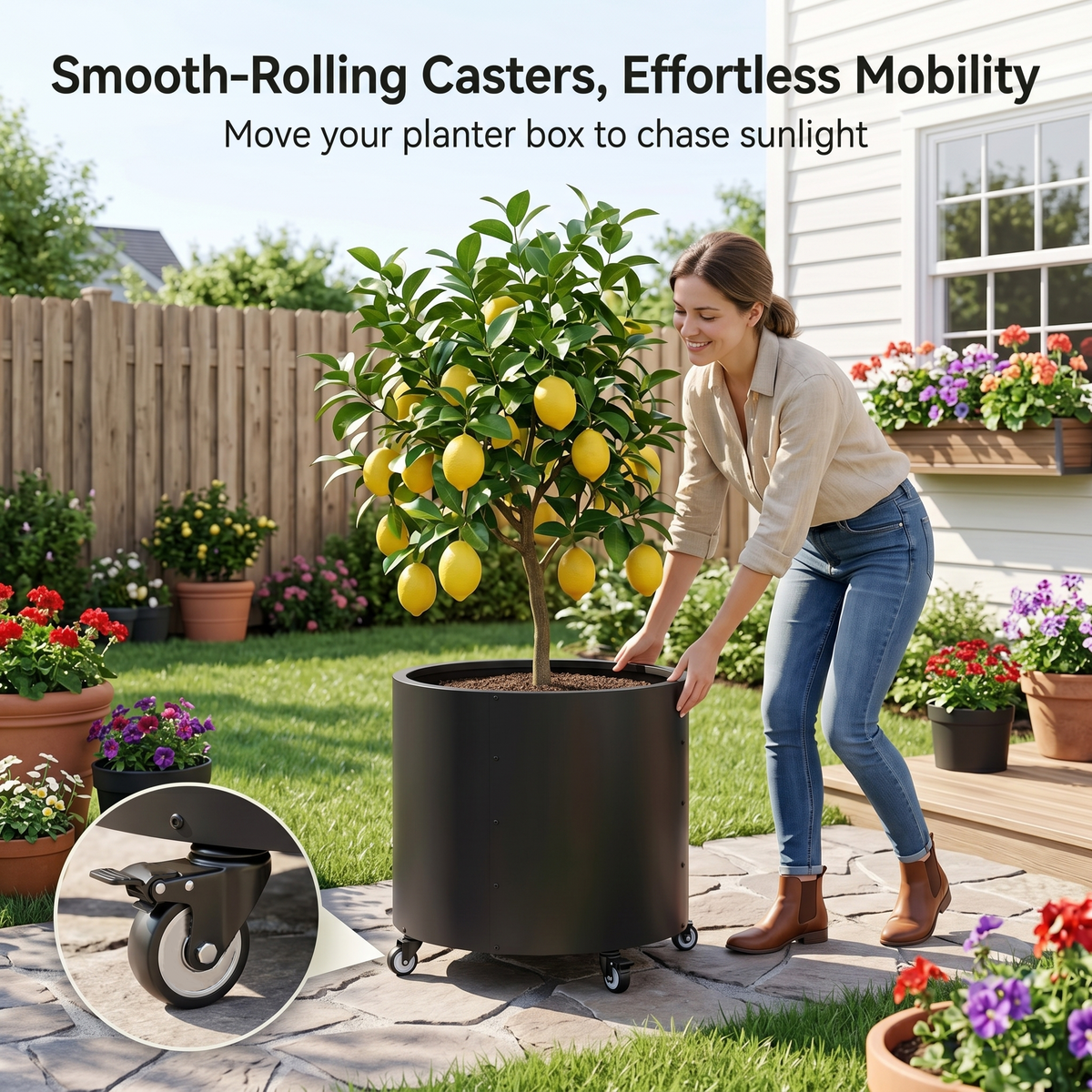 2 Pack Rolling Planter for Tree,30 Gallon Large Metal Tree Pots for Outdoor 22"x 24" Round Planter Box with 4 Drainage Holes & Wheels,Morden Raise Planters for Citrus,Lemon,Vegetables,Flowers,Herbs