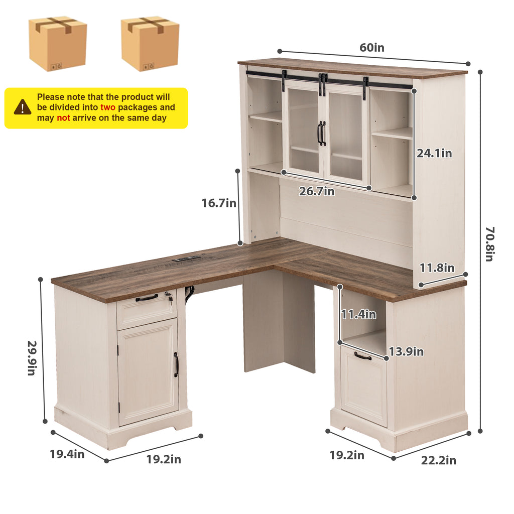 Haooyeah L Shaped Desk with Hutch, Corner Computer Desk with Storage, Power Outlet, Drawer,White