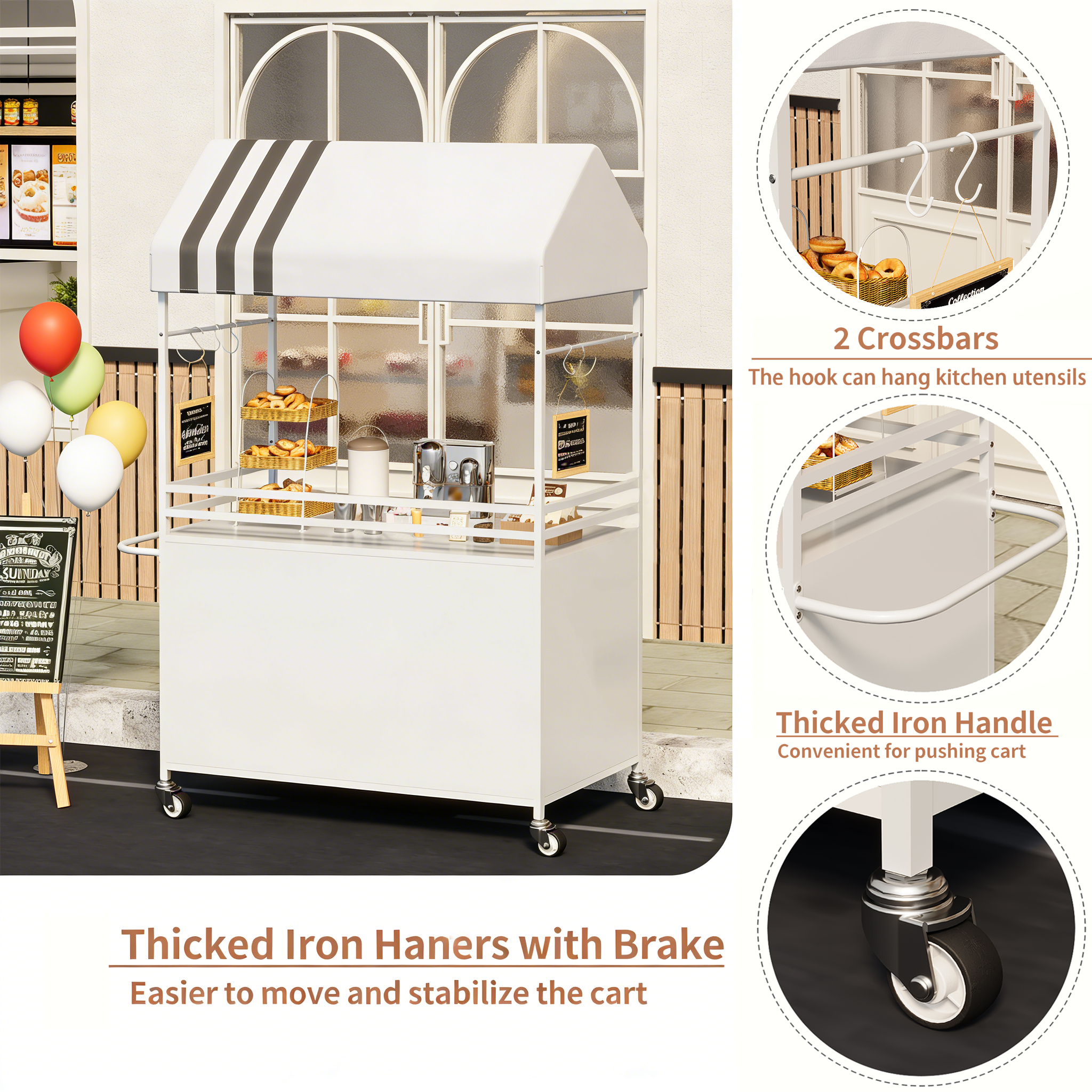 Portable Vendor Cart with Canopy, Outdoor Mobile Food Cart with Wheels, 75" Tall Street Display Stand,Farmers Markets Events, Vendor's Dessert Vending Stall