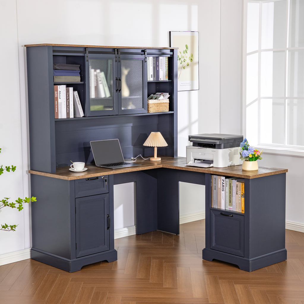 Haooyeah L Shaped Desk with Hutch, Corner Computer Desk with Storage, Power Outlet, Drawer,Blue