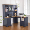 Haooyeah L Shaped Desk with Hutch, Corner Computer Desk with Storage, Power Outlet, Drawer,Blue