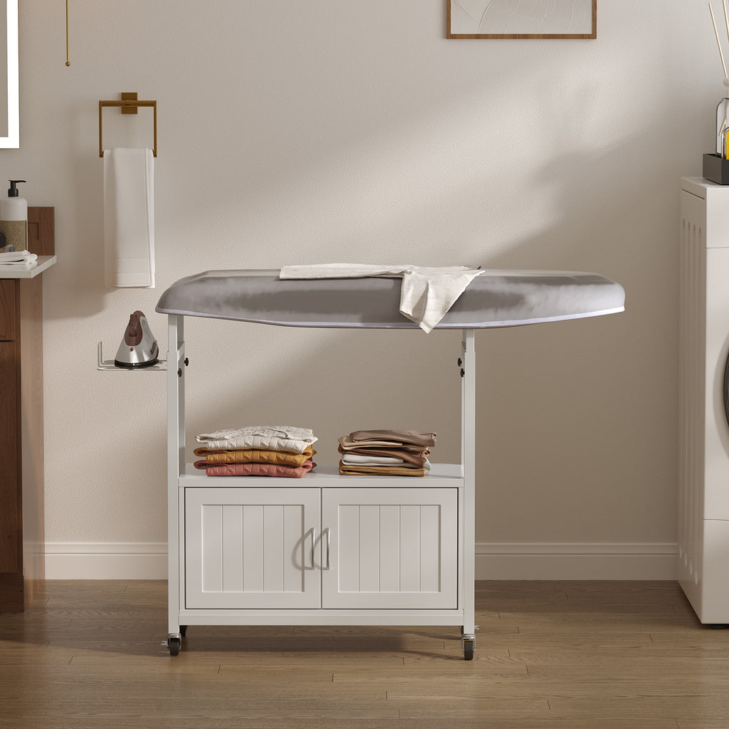 Haooyeah Ironing Board Cabinet with Storage, Foldable Ironing Table, Iron Holder, Rolling Casters, Height Adjustable, White