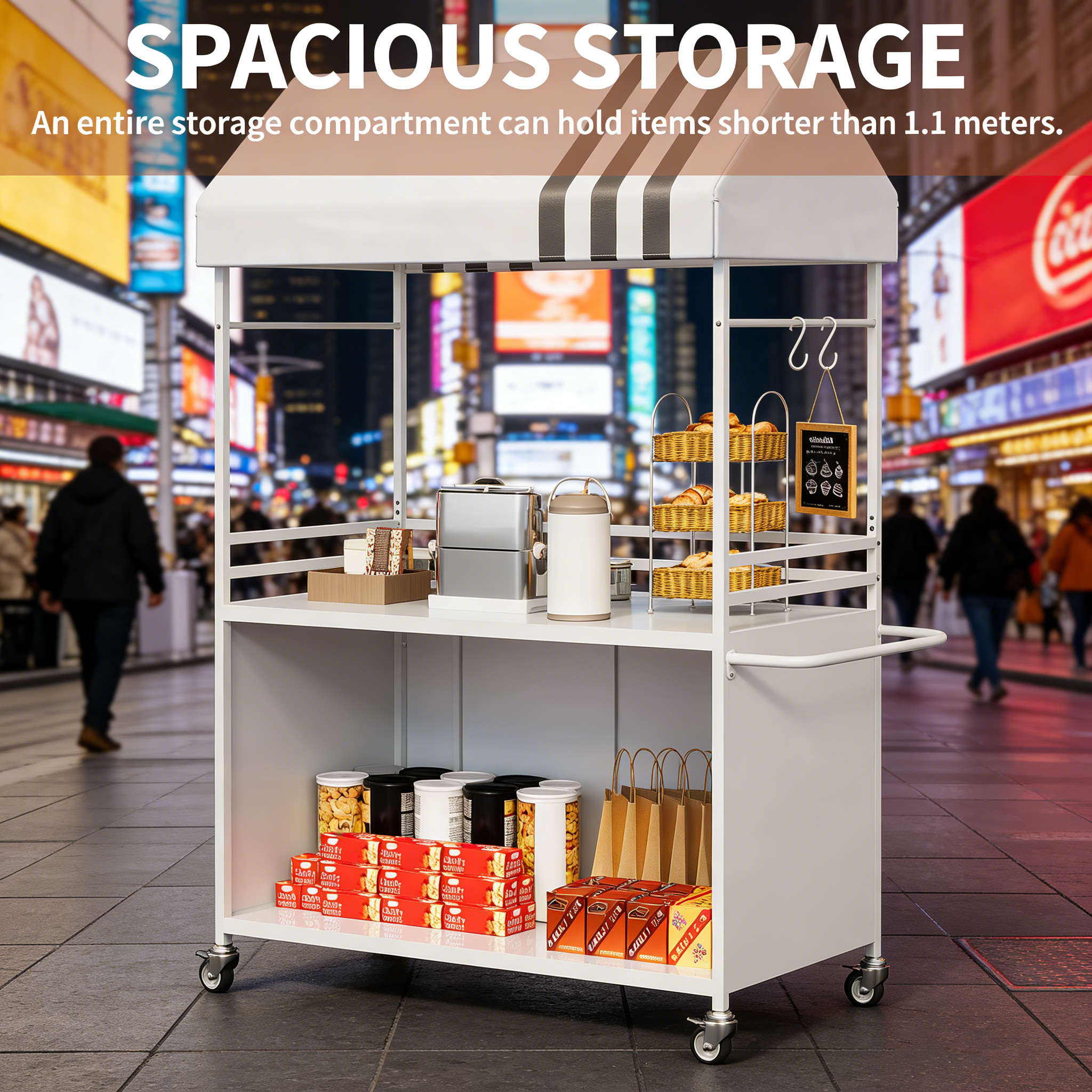 Portable Vendor Cart with Canopy, Outdoor Mobile Food Cart with Wheels, 75" Tall Street Display Stand,Farmers Markets Events, Vendor's Dessert Vending Stall