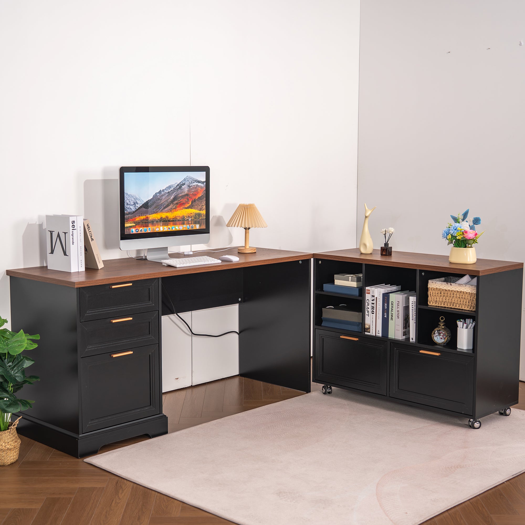 Haooyeah 60" L Shaped Executive Desk with File Cabinet, Office Desk with Drawers & Shelves, Built-in Power Outlet, Wood Computer Desk for Home Office Study