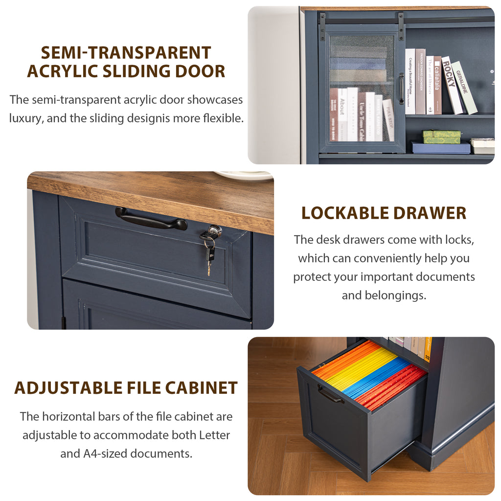 Haooyeah L Shaped Desk with Hutch, Corner Computer Desk with Storage, Power Outlet, Drawer,Blue