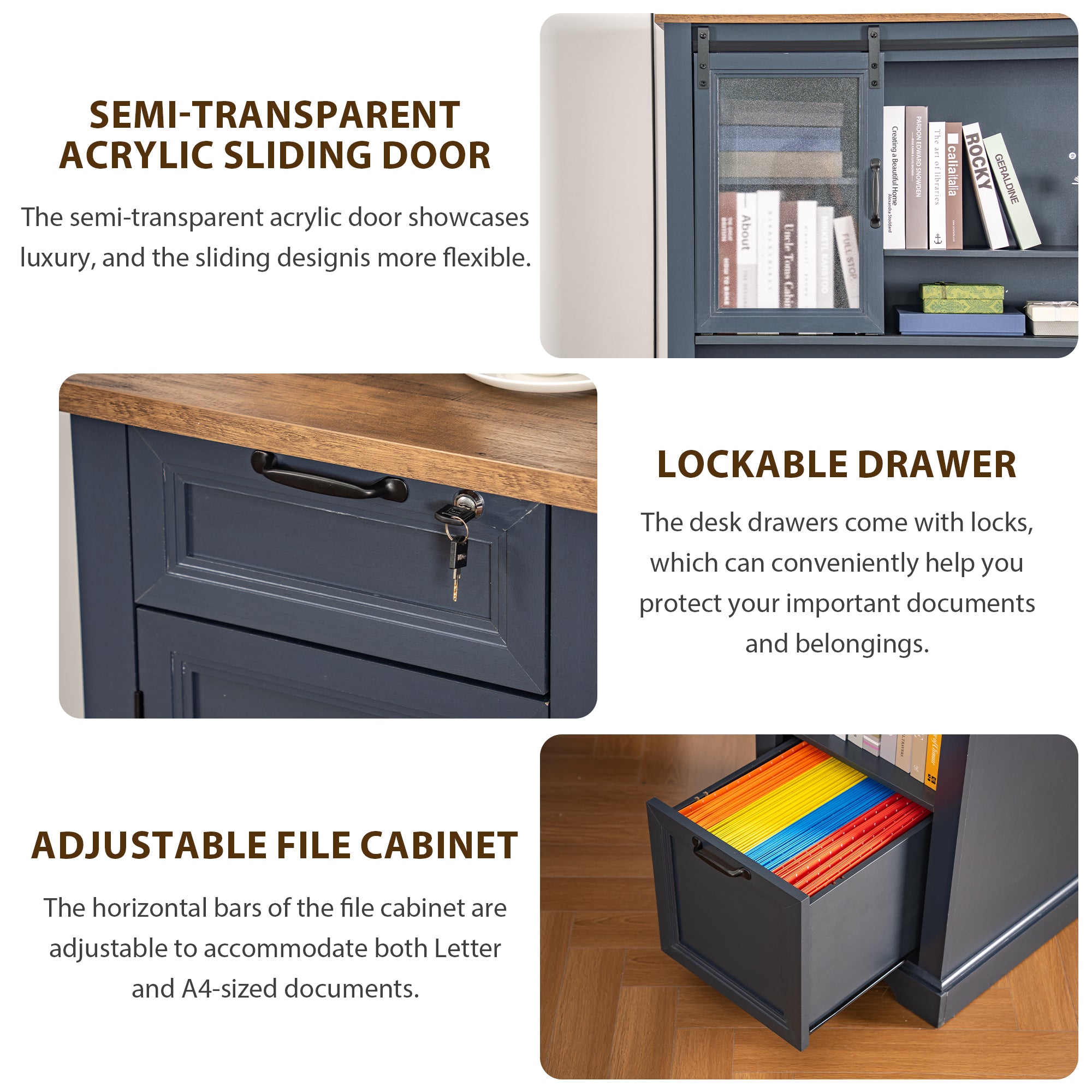 Haooyeah L Shaped Desk with Hutch, Corner Computer Desk with Storage, Power Outlet, Drawer,Blue