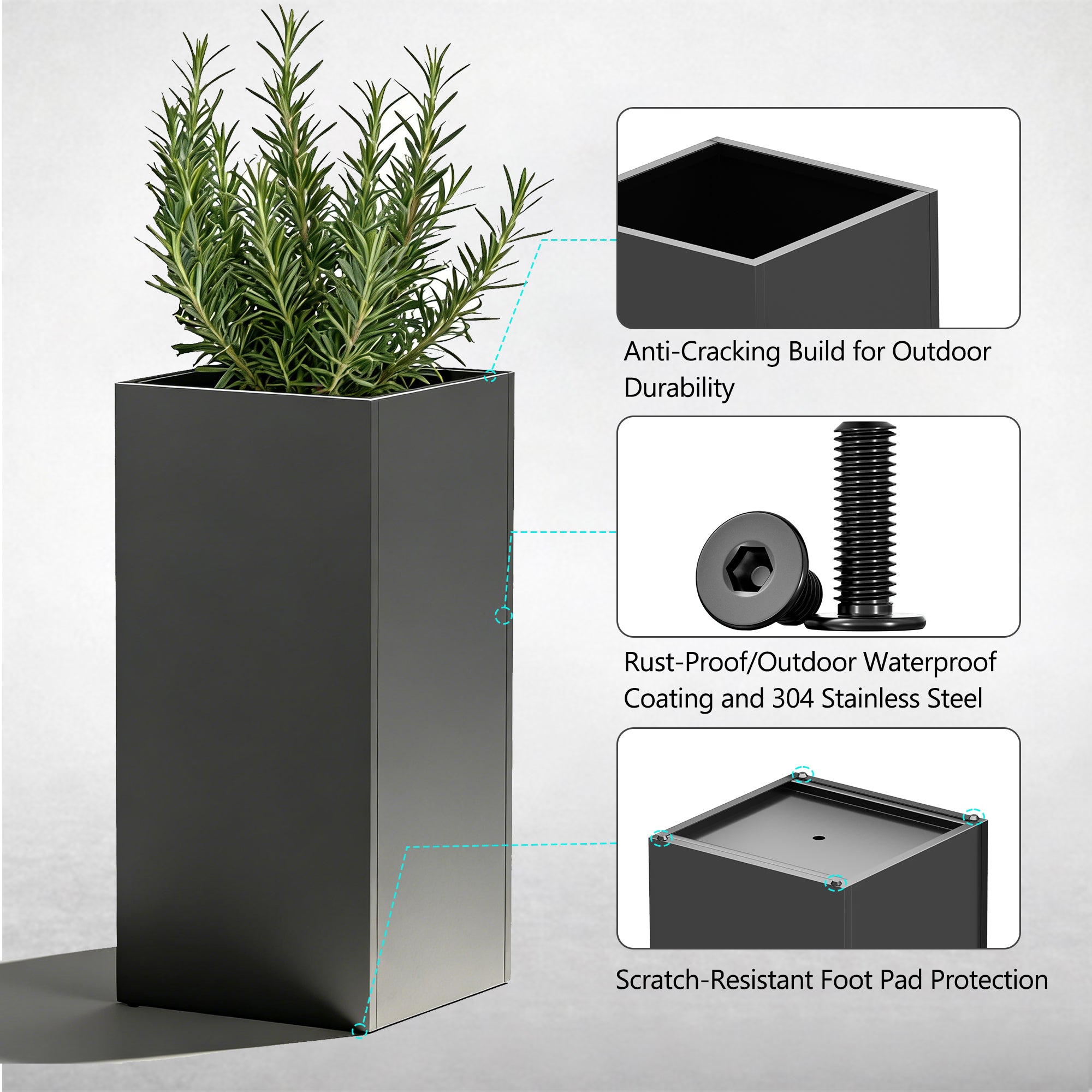 Set of 2 Tall Metal Planter Box for Outdoor Plants,14" L x 14" W x 30" H Heavy Duty Tall Outdoor Planter with Removable Insert Shelf for Porch, Patio, Backyard| Modern Décor|Built-in Drainage