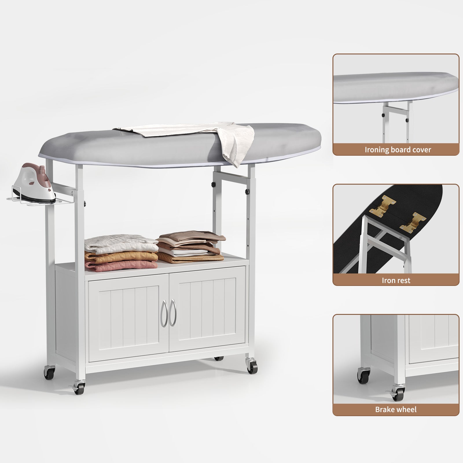 Haooyeah Ironing Board Cabinet with Storage, Foldable Ironing Table, Iron Holder, Rolling Casters, Height Adjustable, White