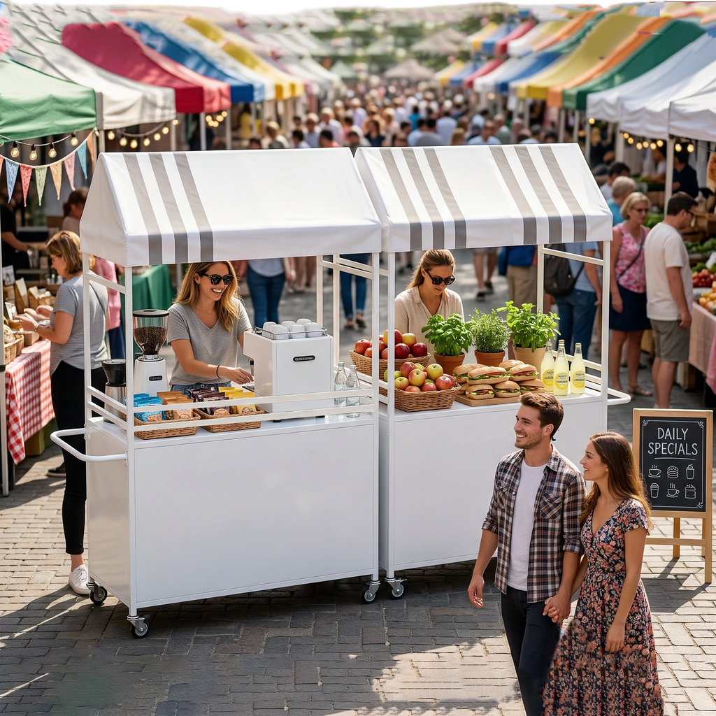 Portable Vendor Cart with Canopy, Outdoor Mobile Food Cart with Wheels, 75" Tall Street Display Stand,Farmers Markets Events, Vendor's Dessert Vending Stall