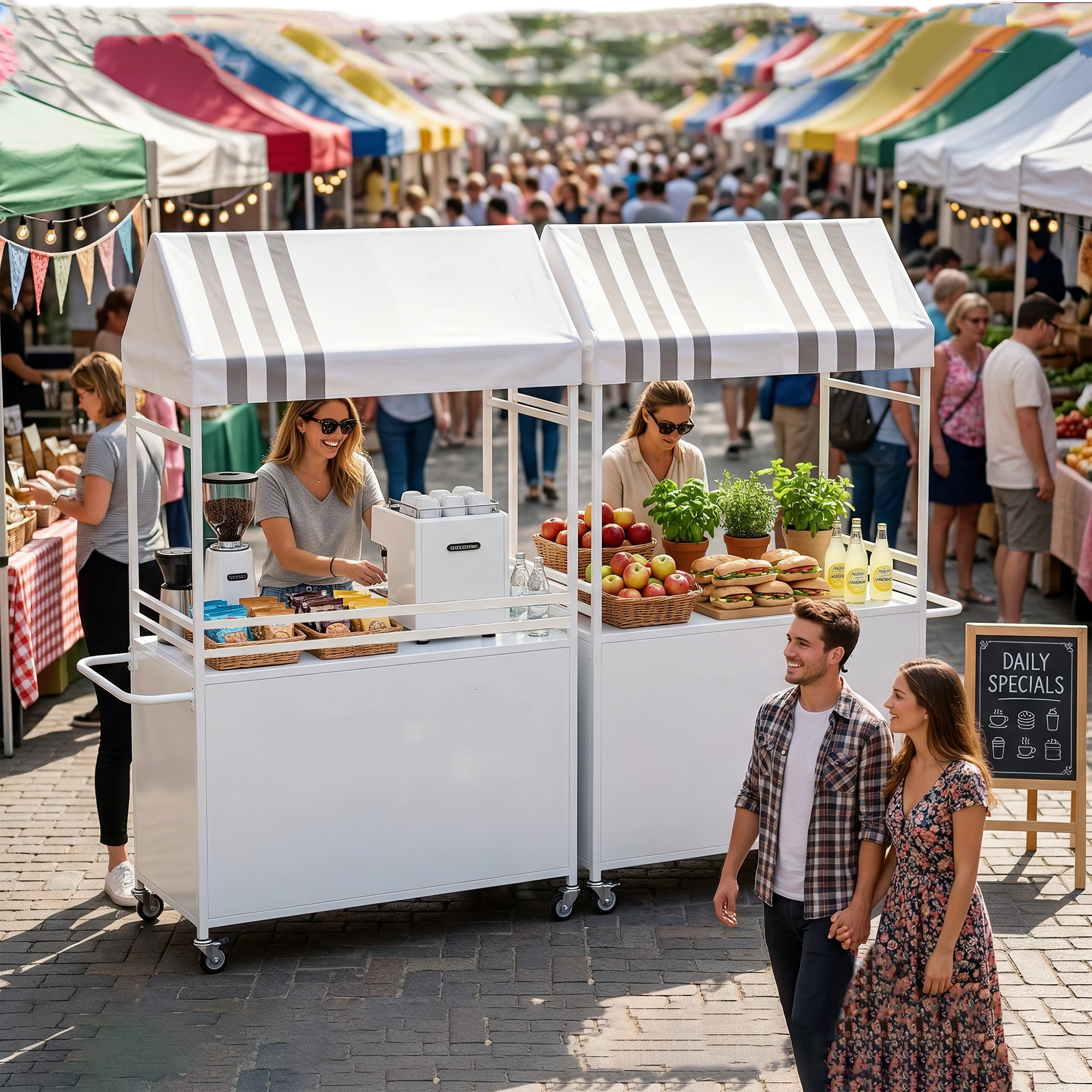 Portable Vendor Cart with Canopy, Outdoor Mobile Food Cart with Wheels, 75" Tall Street Display Stand,Farmers Markets Events, Vendor's Dessert Vending Stall