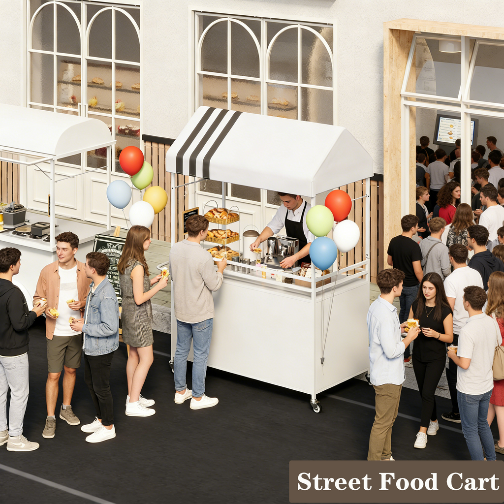 Portable Vendor Cart with Canopy, Outdoor Mobile Food Cart with Wheels, 75" Tall Street Display Stand,Farmers Markets Events, Vendor's Dessert Vending Stall
