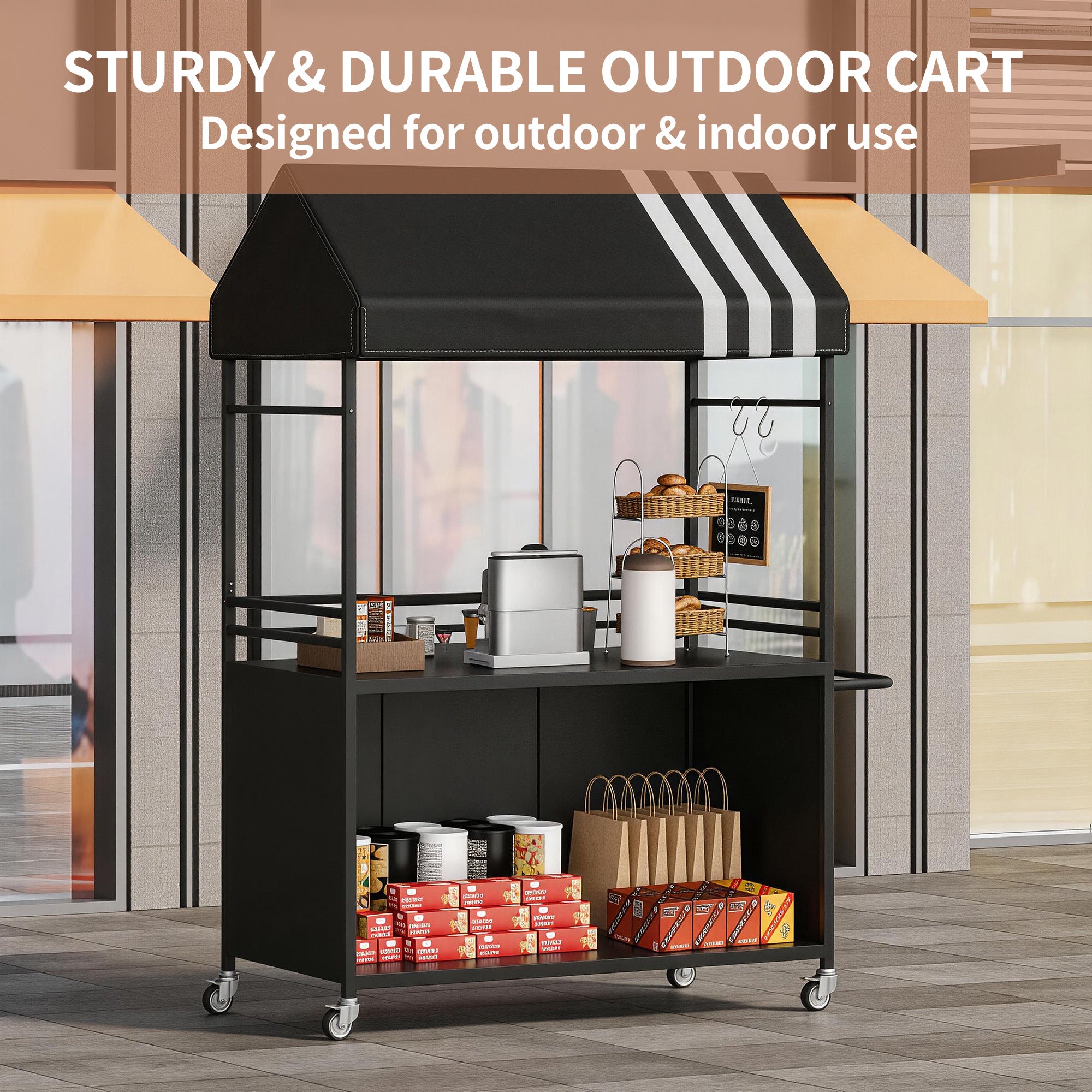Choosilay Portable Vendor Cart with Canopy, Mobile Food Display Stand with Lockable Wheels, Mobile Food Carts for Sale, Portable Food Display Stand for Market, Street Food & Events (White/Balck)