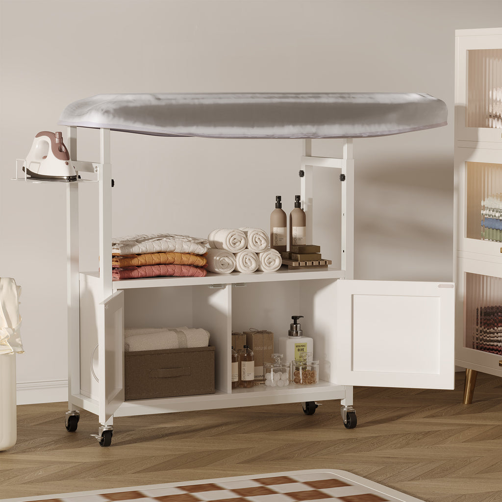 Haooyeah Ironing Board Cabinet with Storage, Foldable Ironing Table, Iron Holder, Rolling Casters, Height Adjustable, White