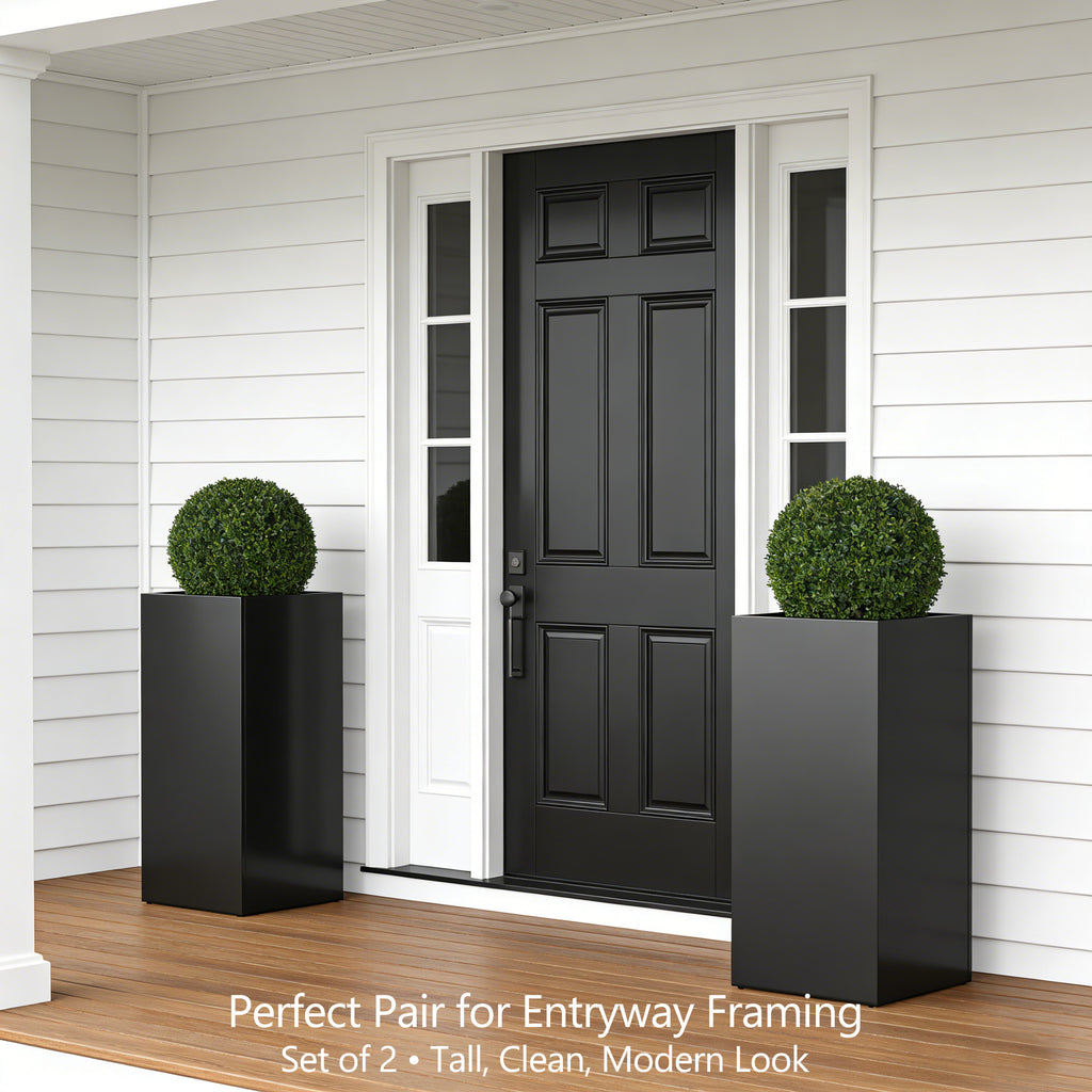 Set of 2 Tall Metal Planter Box for Outdoor Plants,14" L x 14" W x 30" H Heavy Duty Tall Outdoor Planter with Removable Insert Shelf for Porch, Patio, Backyard| Modern Décor|Built-in Drainage