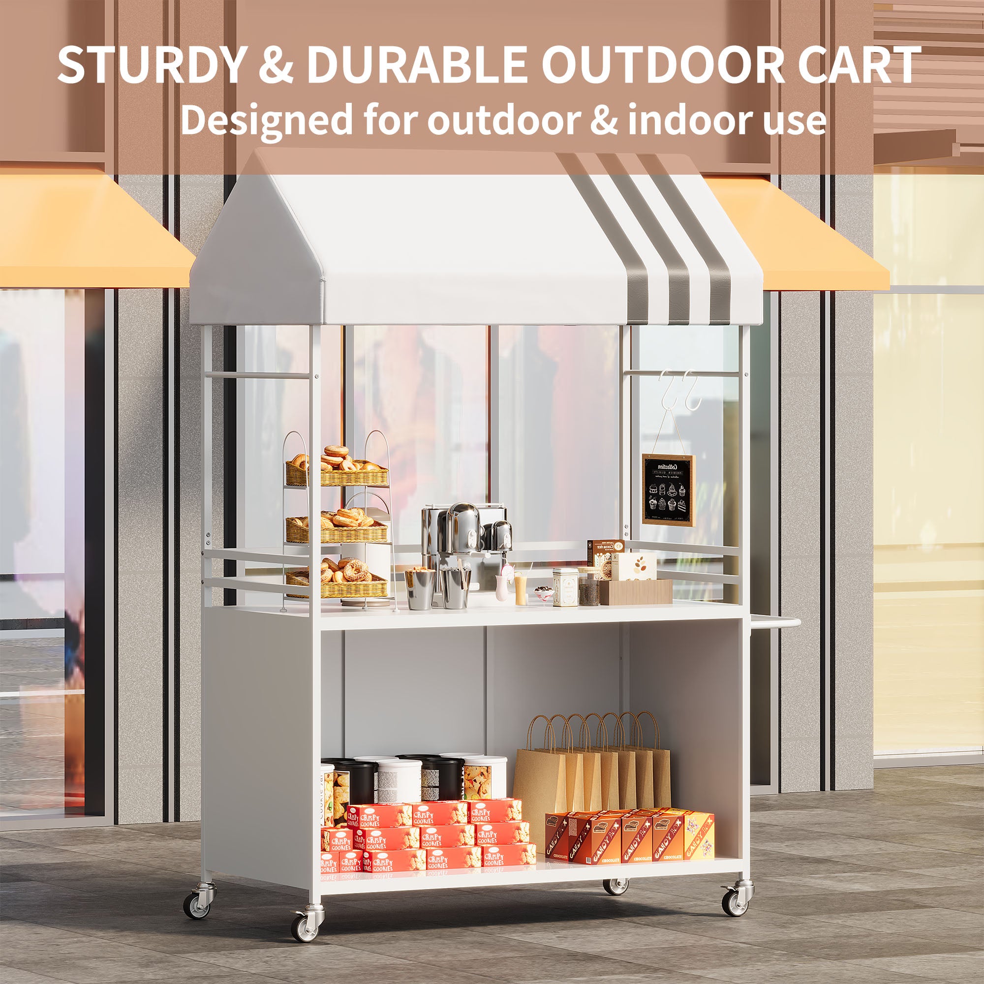 Choosilay Portable Vendor Cart with Canopy, Mobile Food Display Stand with Lockable Wheels, Mobile Food Carts for Sale, Portable Food Display Stand for Market, Street Food & Events (White/Balck)