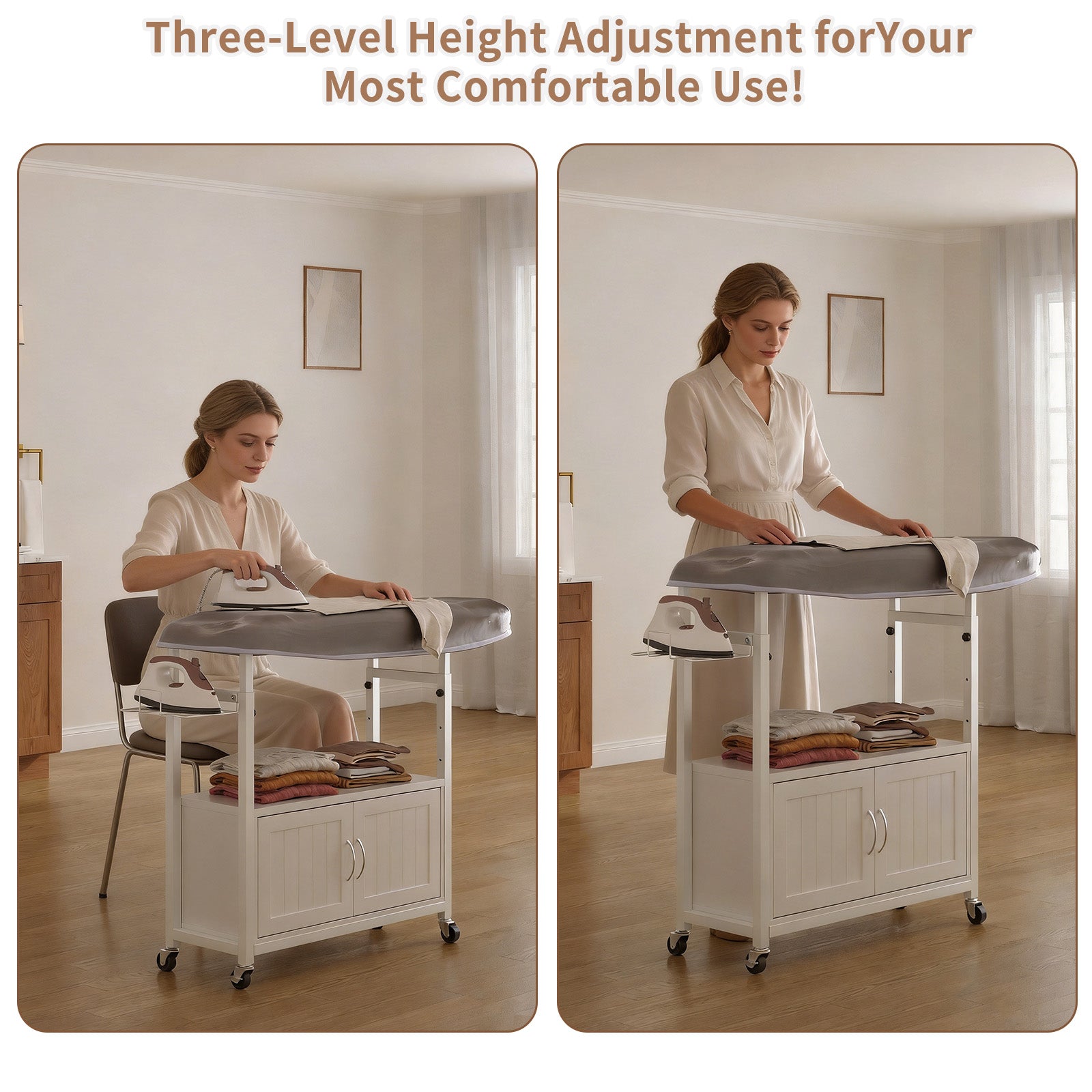 Haooyeah Ironing Board Cabinet with Storage, Foldable Ironing Table, Iron Holder, Rolling Casters, Height Adjustable, White
