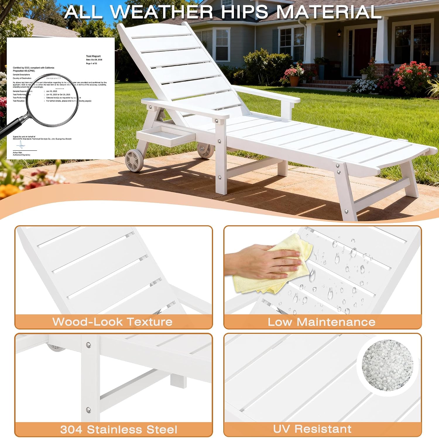 Pool Lounge Chairs Set of 4, 6.3ft Full-Length Patio Pool Lounge Chairs,5-Position Adjustable Backrest (Flat Recline),HIPS All-Weather for Beach,White