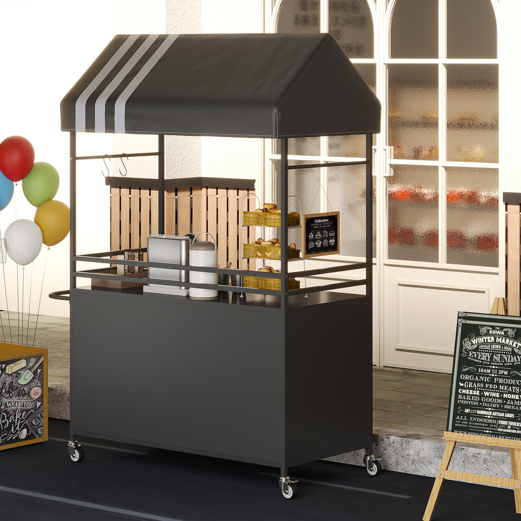 Choosilay Portable Vendor Cart with Canopy, Mobile Food Display Stand with Lockable Wheels, Mobile Food Carts for Sale, Portable Food Display Stand for Market, Street Food & Events (White/Balck)