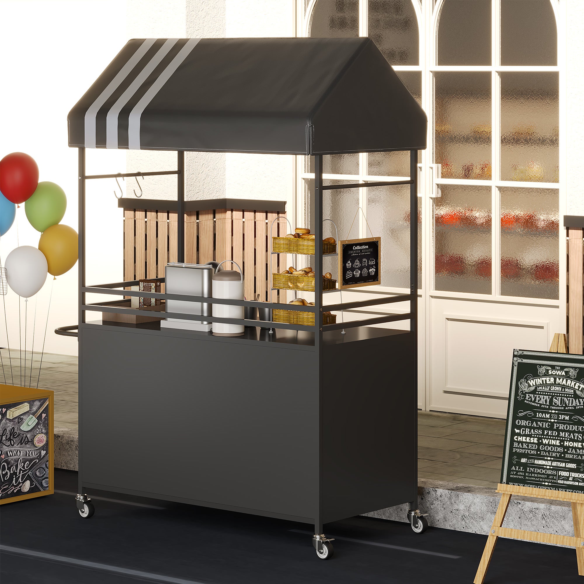 Choosilay Portable Vendor Cart with Canopy, Mobile Food Display Stand with Lockable Wheels, Mobile Food Carts for Sale, Portable Food Display Stand for Market, Street Food & Events (White/Balck)