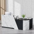 Haooyeah Left L-Shaped Reception Desk, Modern Front Desk Counter with Vertical Slat Panels, Lockable Drawer, Keyboard Tray & Storage Cabinet